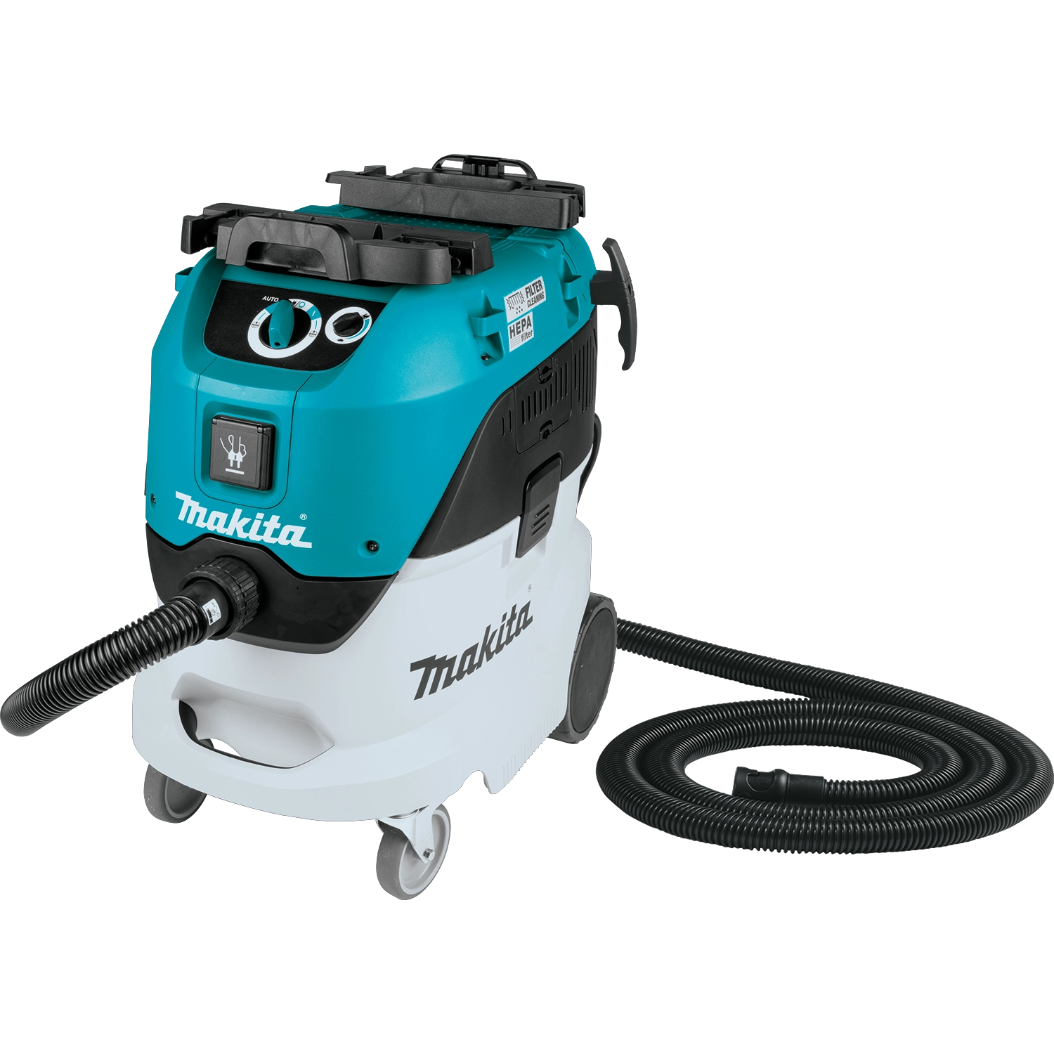 Angled view of Makita VC4210L dust extractor showing hose and controls

