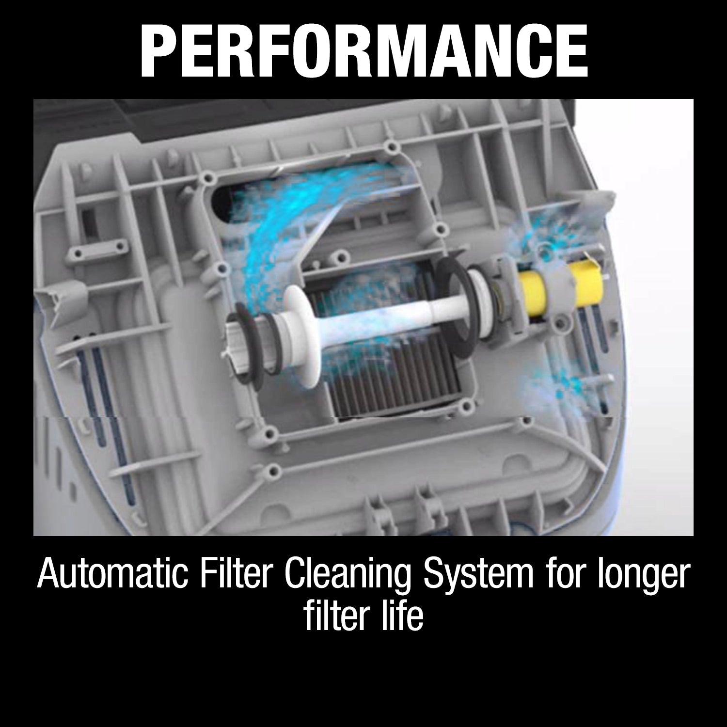 Internal view of Makita VC4210L dust extractor showing automatic filter cleaning system airflow

