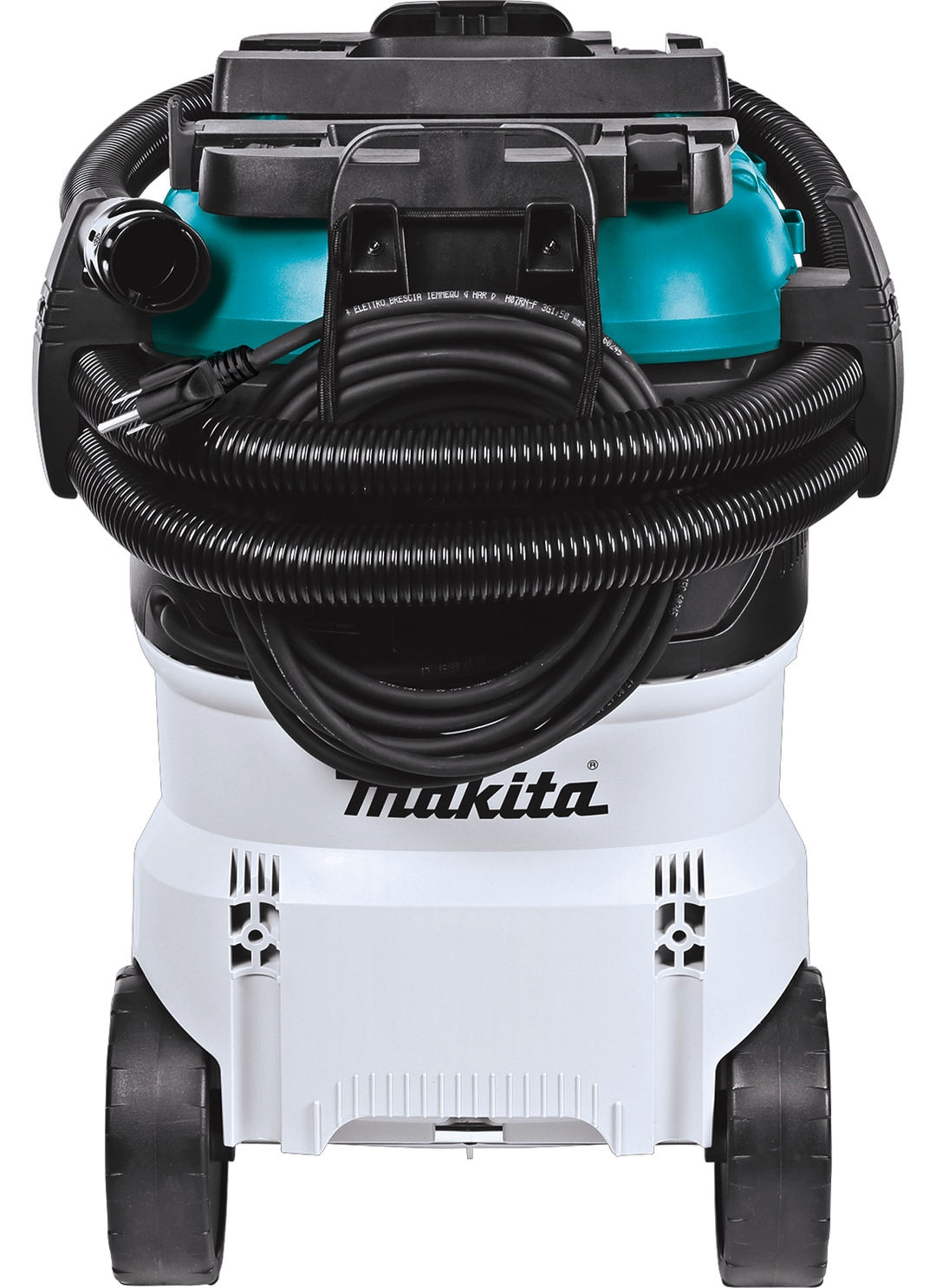 Back of Makita VC4210L with fully wrapped hose and power cord storage on large wheels
