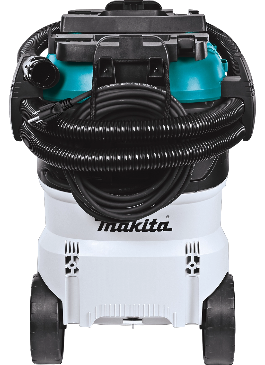 Back of Makita VC4210L with fully wrapped hose and power cord storage on large wheels
