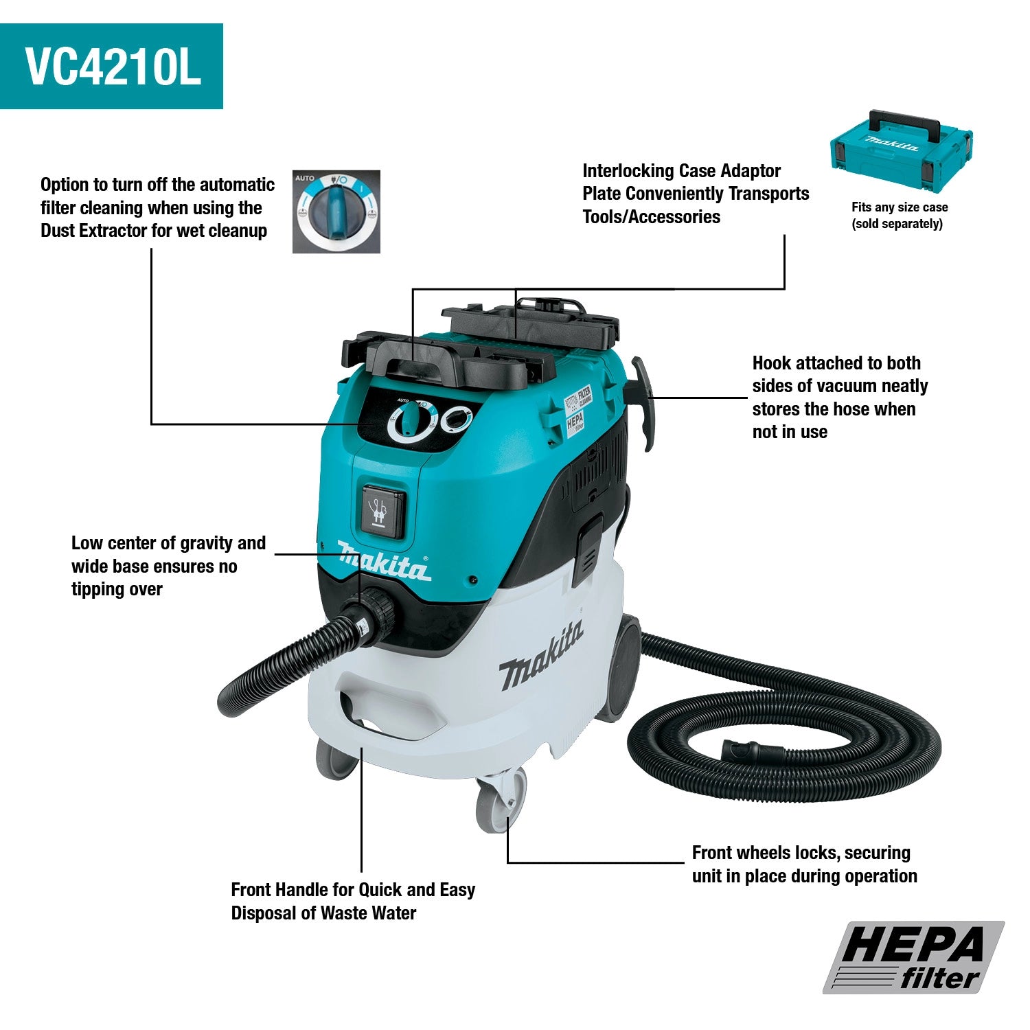 Front view of Makita VC4210L Dust Extractor with labeled features including hose hook, filter dial, and wide wheelbase
