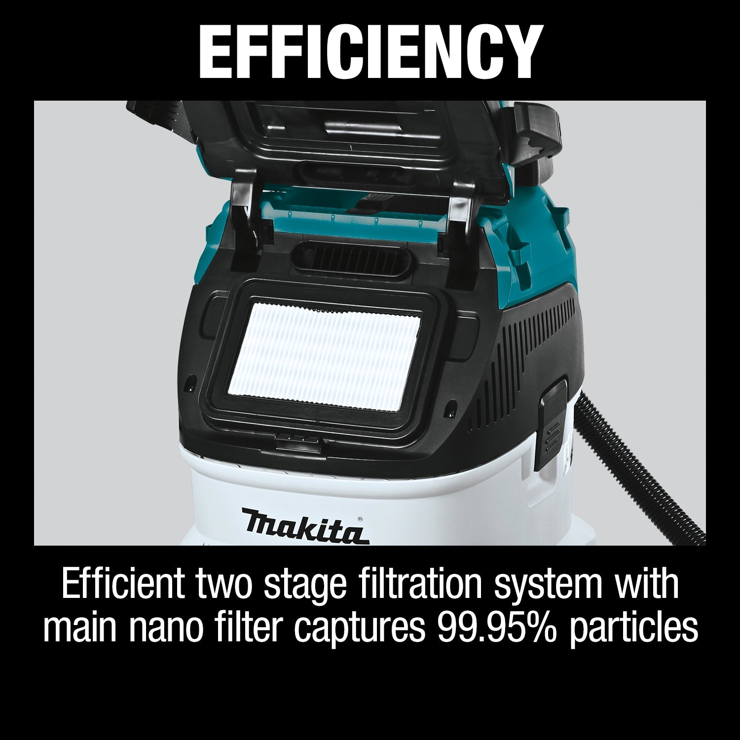 Makita VC4210L HEPA vacuum with open lid showcasing two-stage nano filter system

