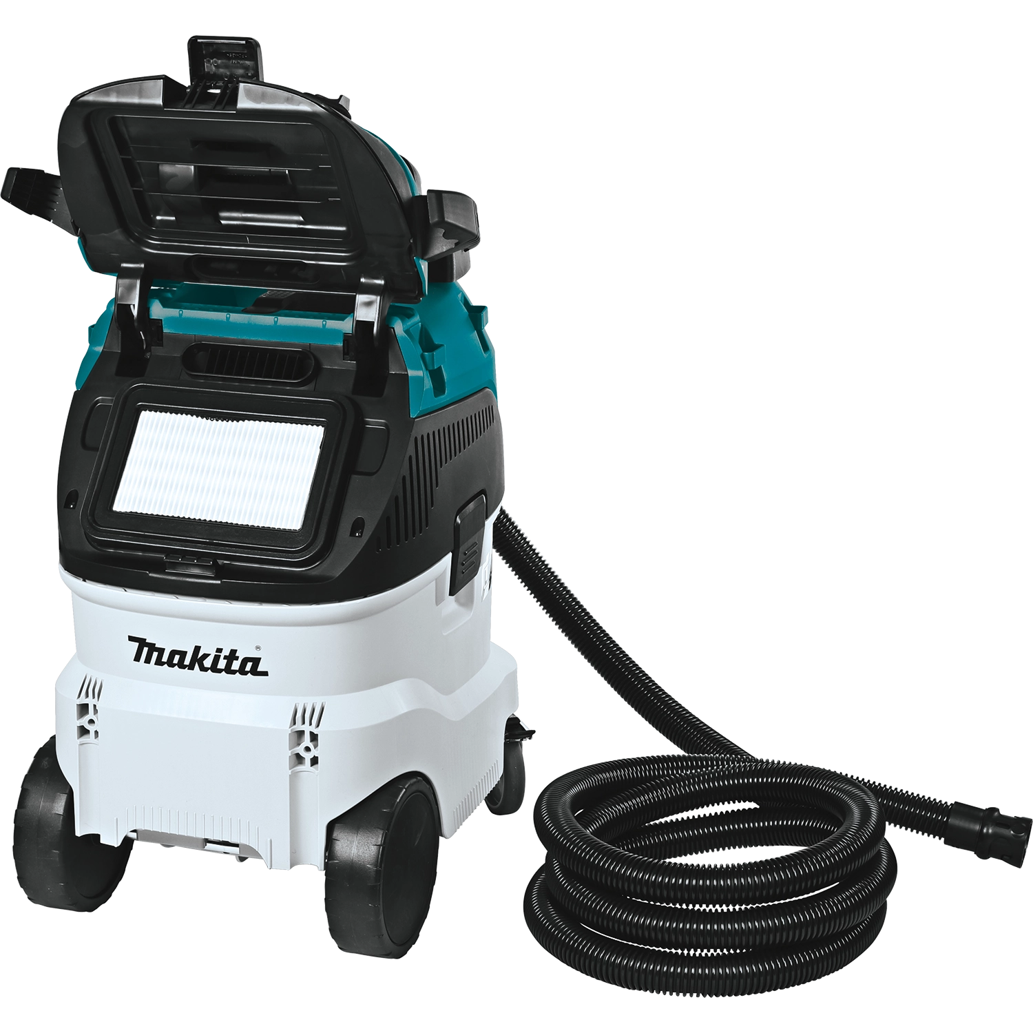Makita VC4210L dust extractor with open filter compartment and coiled hose on the ground

