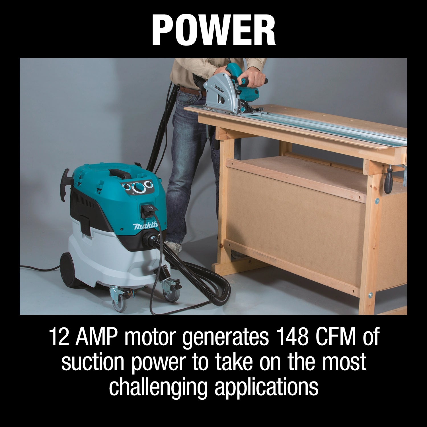 Contractor using Makita VC4210L vacuum connected to a power tool on a jobsite workbench

