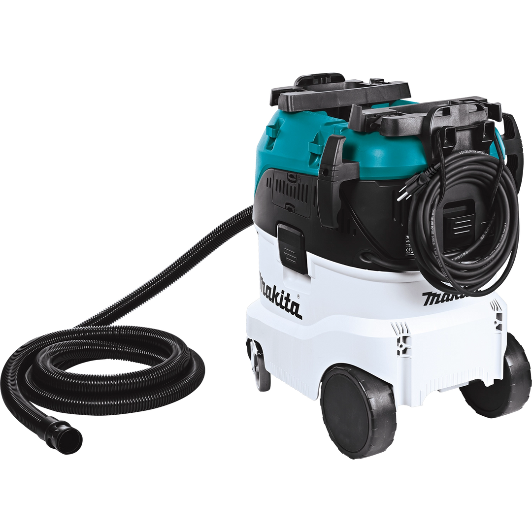 Rear angle of Makita VC4210L vacuum showing cord wrap and rear wheels

