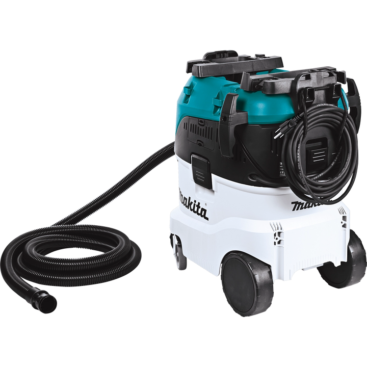 Rear angle of Makita VC4210L vacuum showing cord wrap and rear wheels

