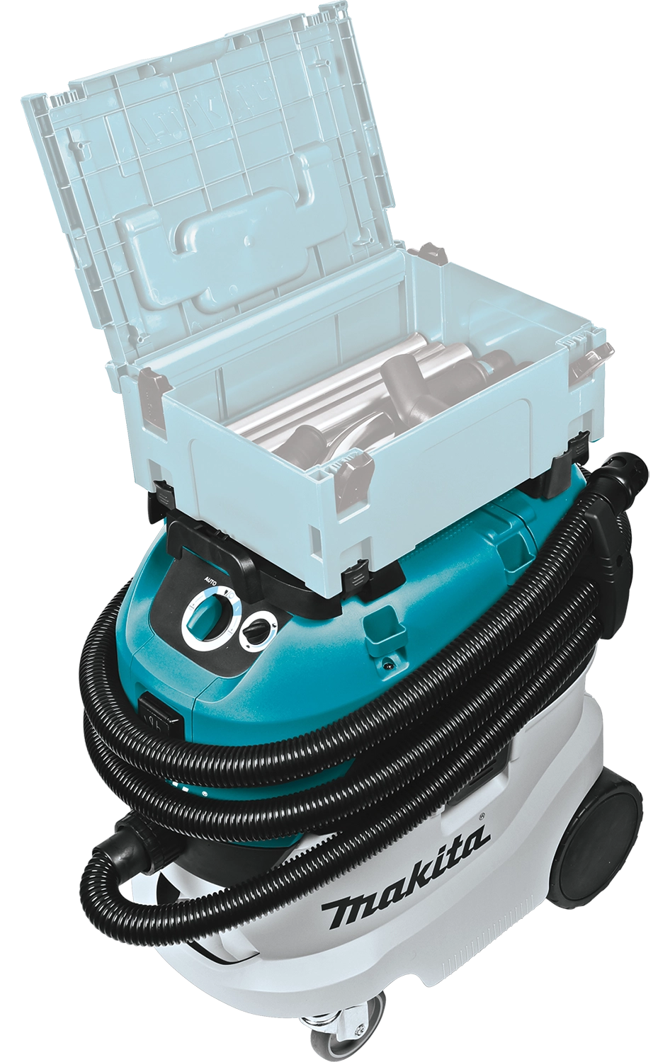 Makita VC4210L vacuum shown with case open, revealing stored hose accessories
