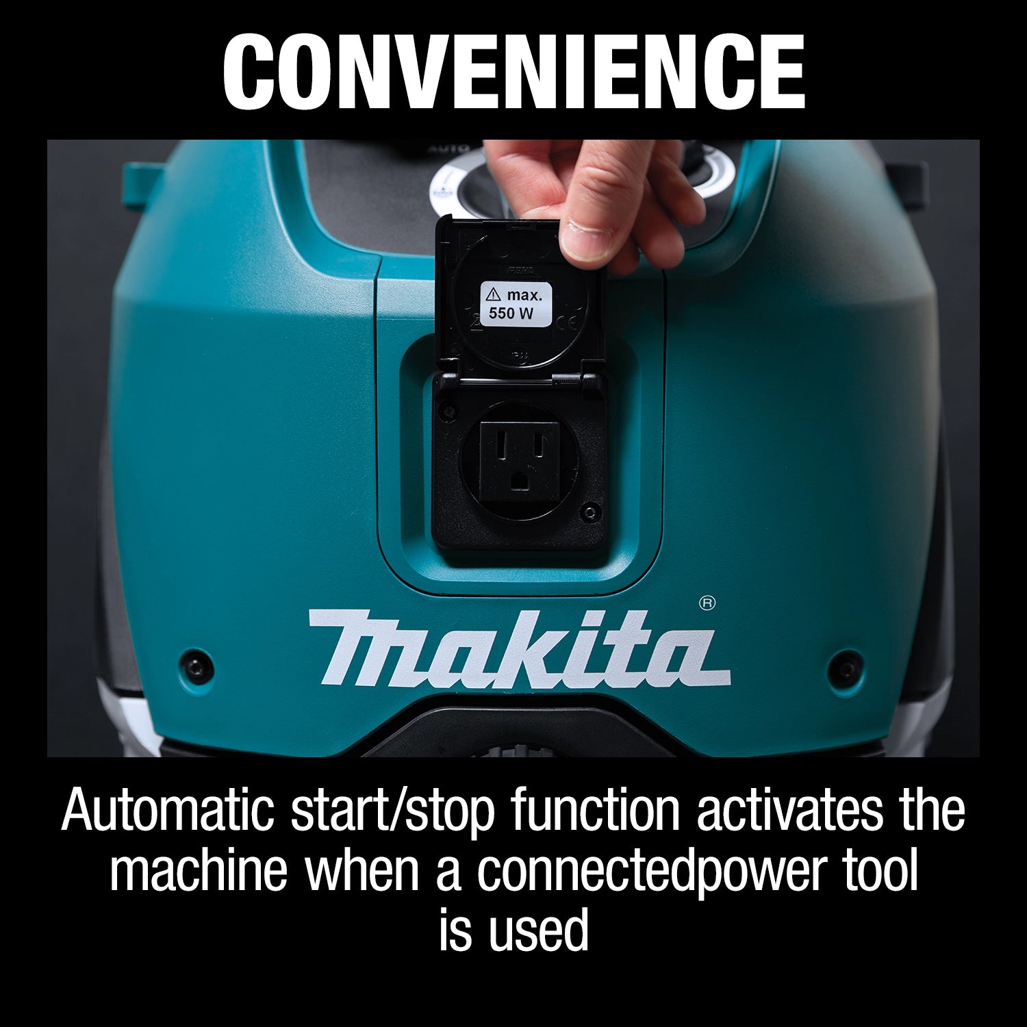 Close-up of Makita VC4210L vacuum showing automatic tool-activated power outlet


