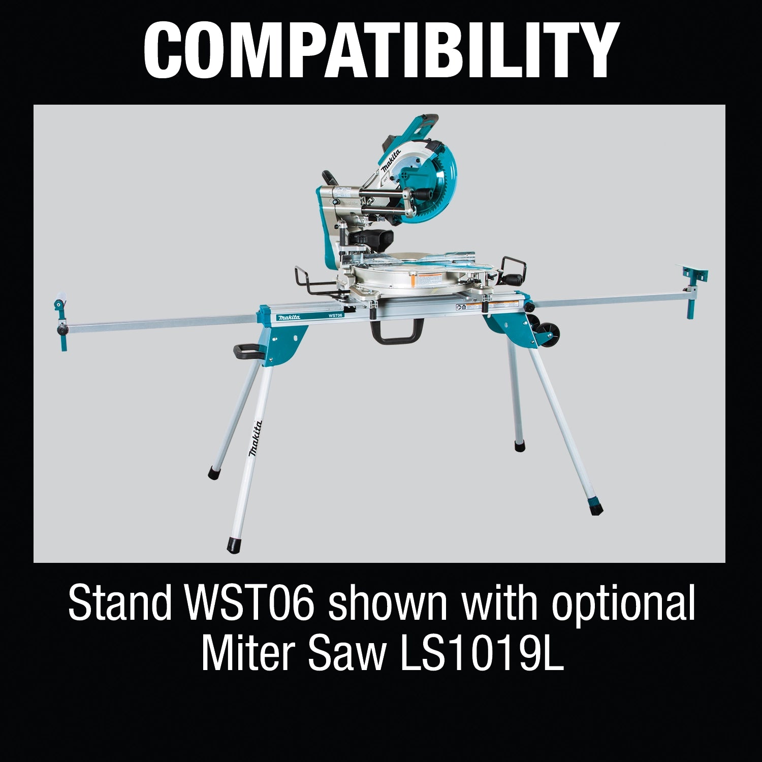 Makita LS1019L shown with WST06 saw stand on jobsite
