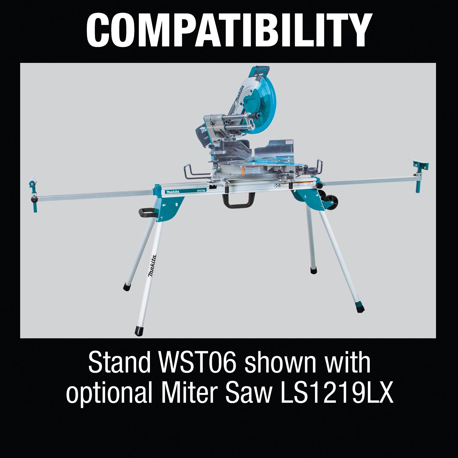 Makita LS1219LX shown in use with WST06 stand
