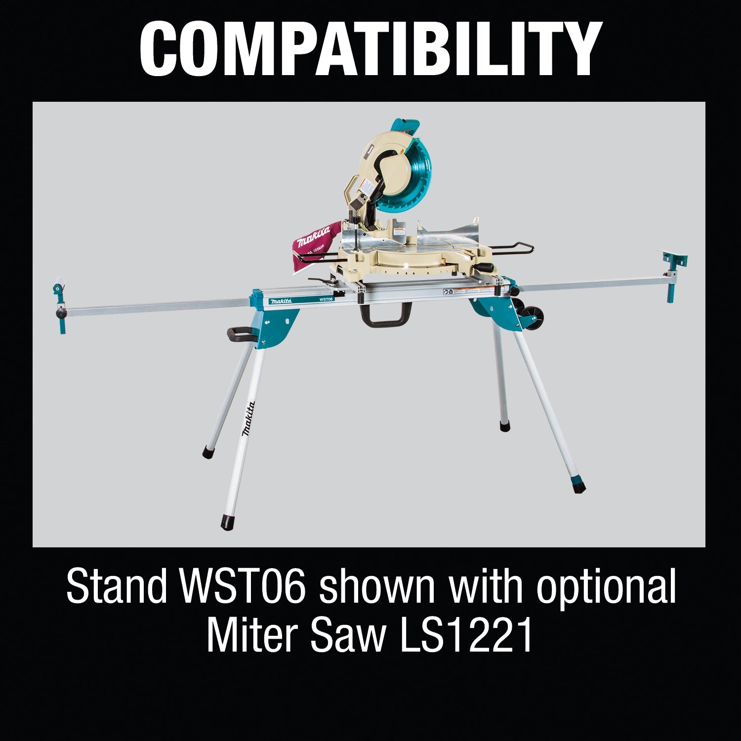 Makita LS1221 miter saw installed on WST06 jobsite stand
