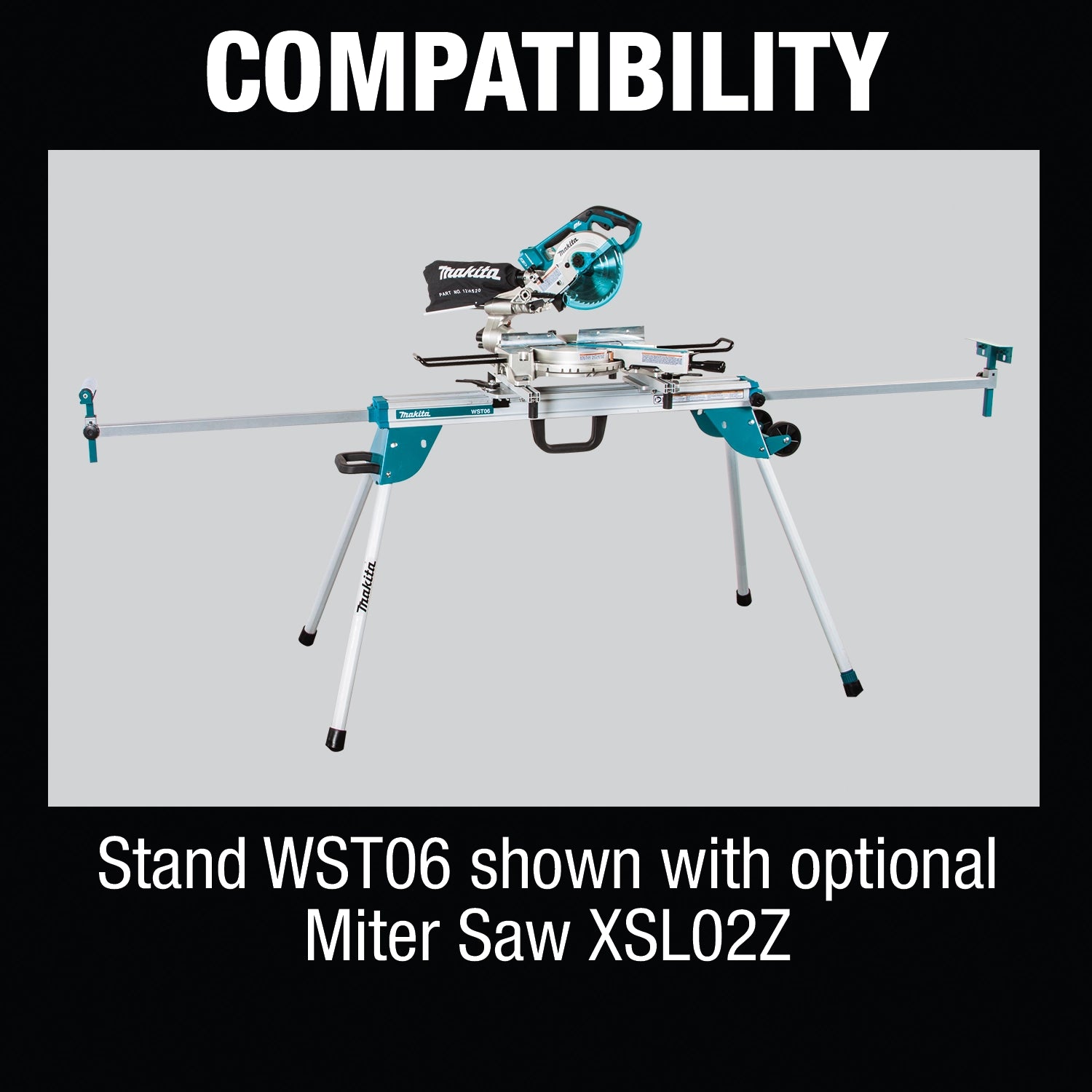 Makita XSL02Z miter saw mounted on WST06 stand
