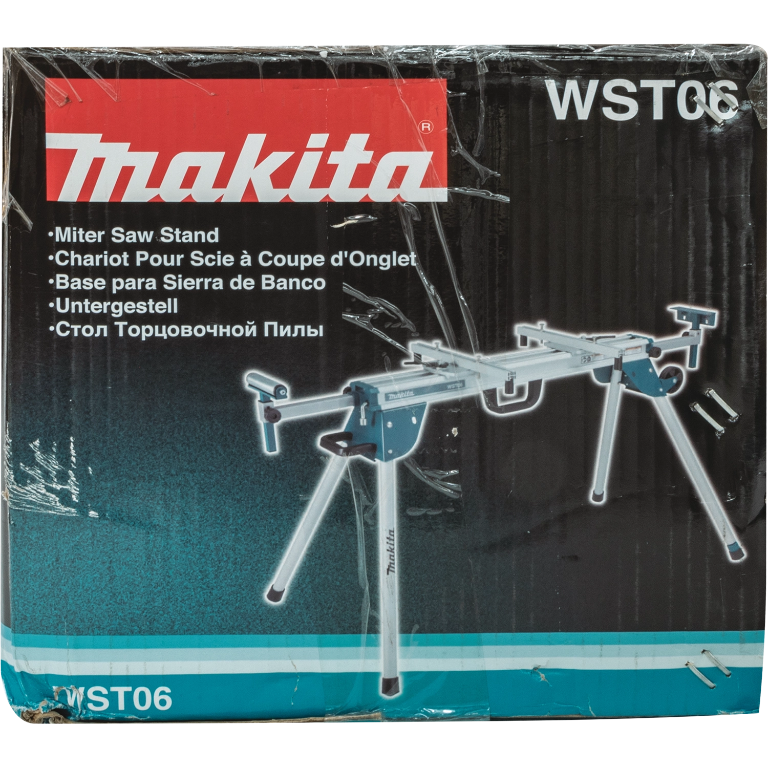 End view of Makita miter saw stand box with specs label
