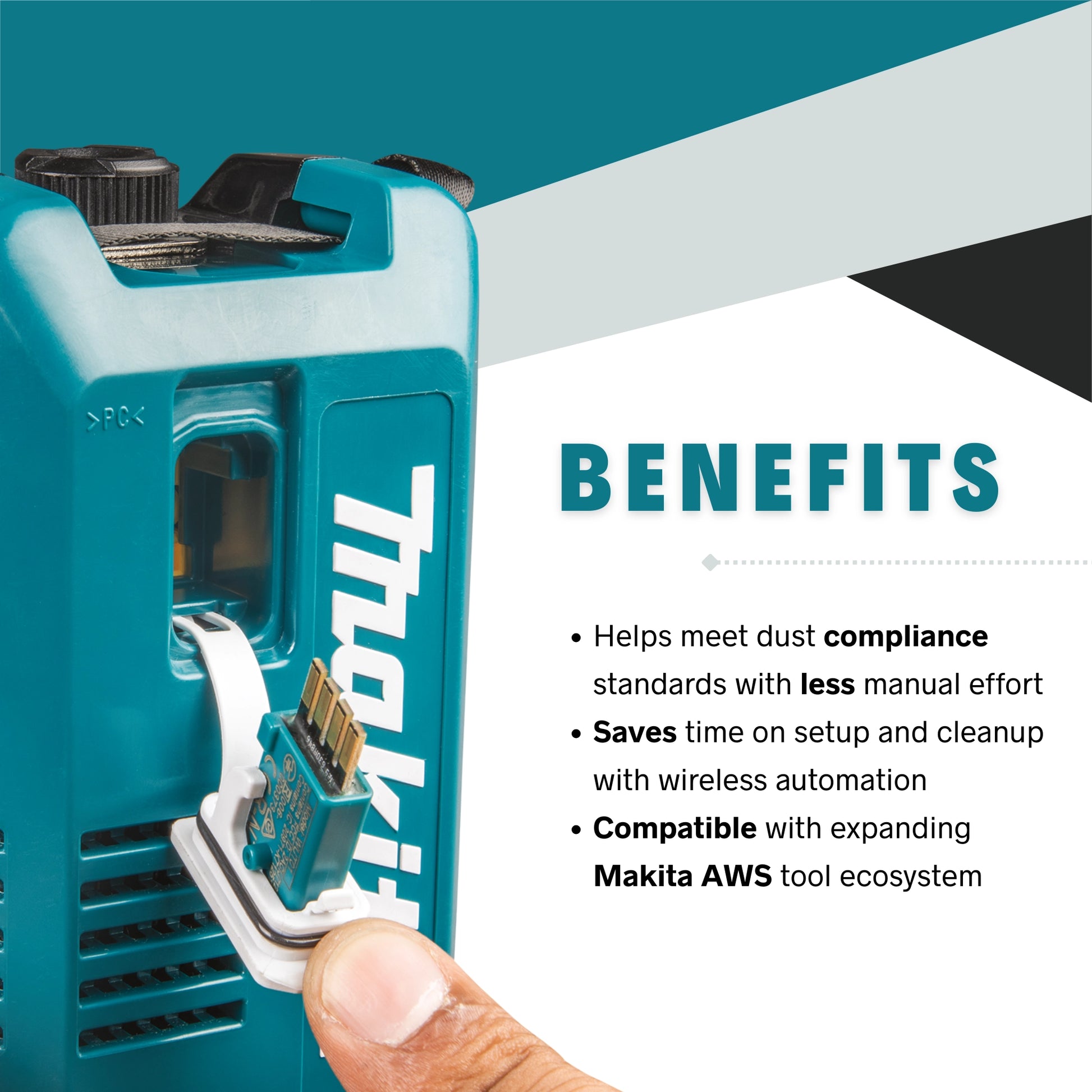 Key benefits of Makita AWS Auto-Start Wireless Adapter displayed
