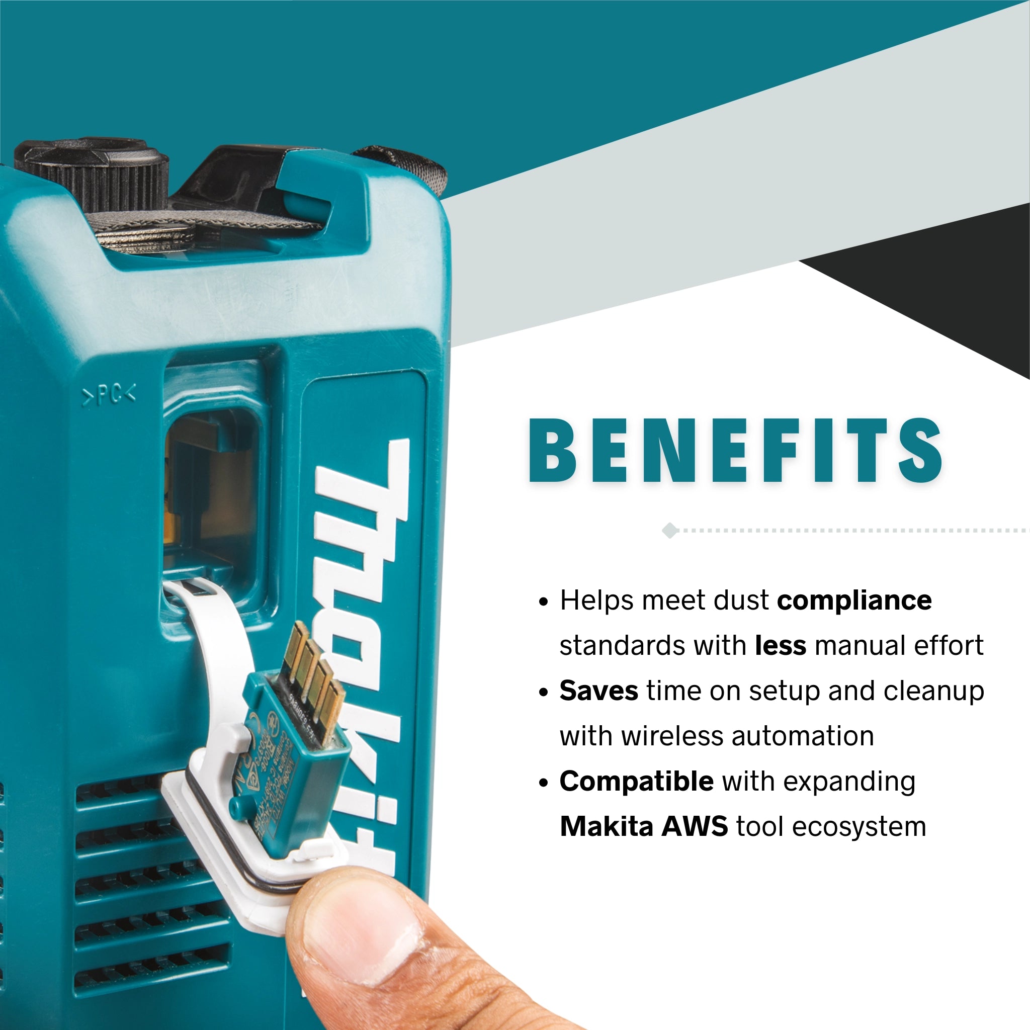 Key benefits of Makita AWS Auto-Start Wireless Adapter displayed
