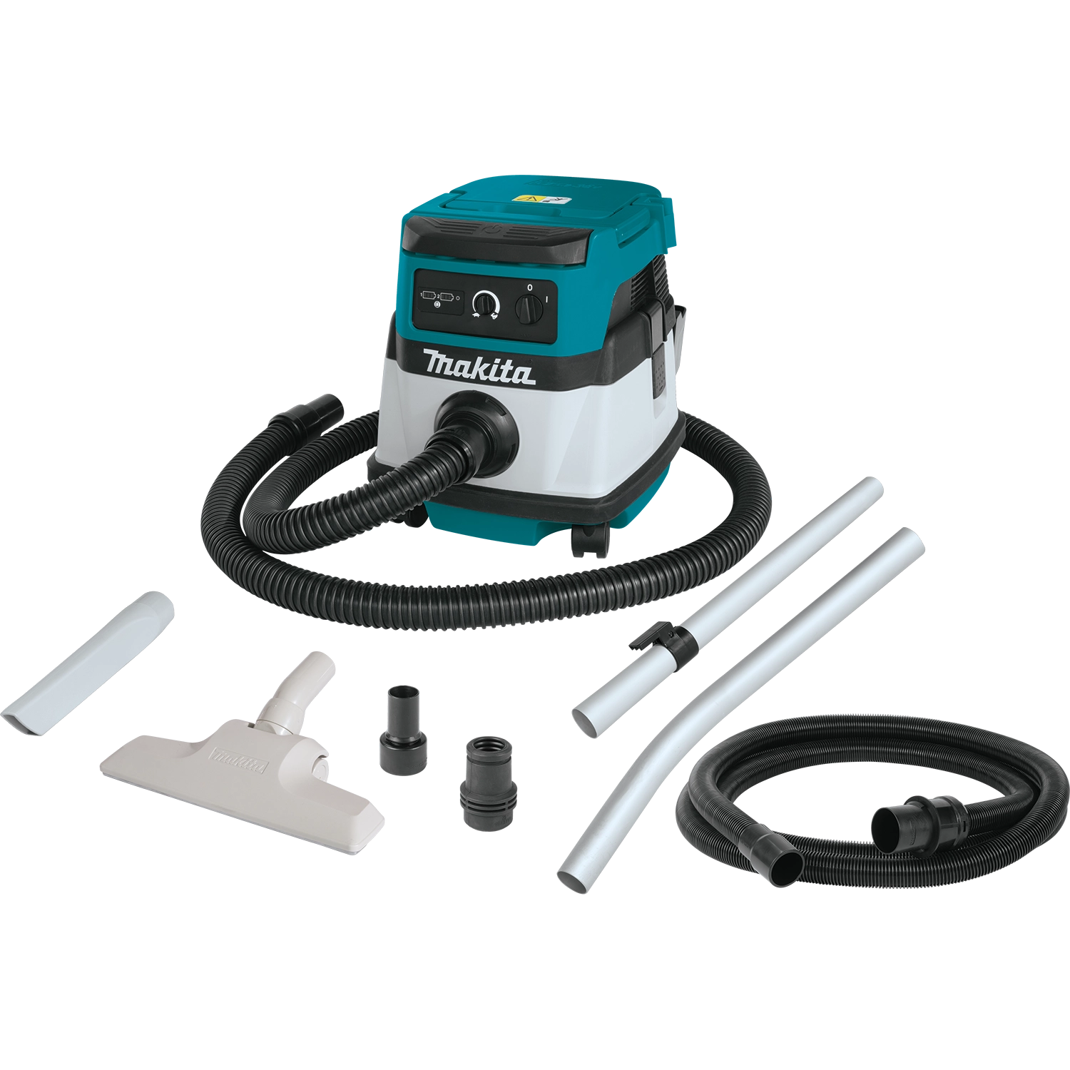 Attachments and accessories laid out beside Makita dust extractor
