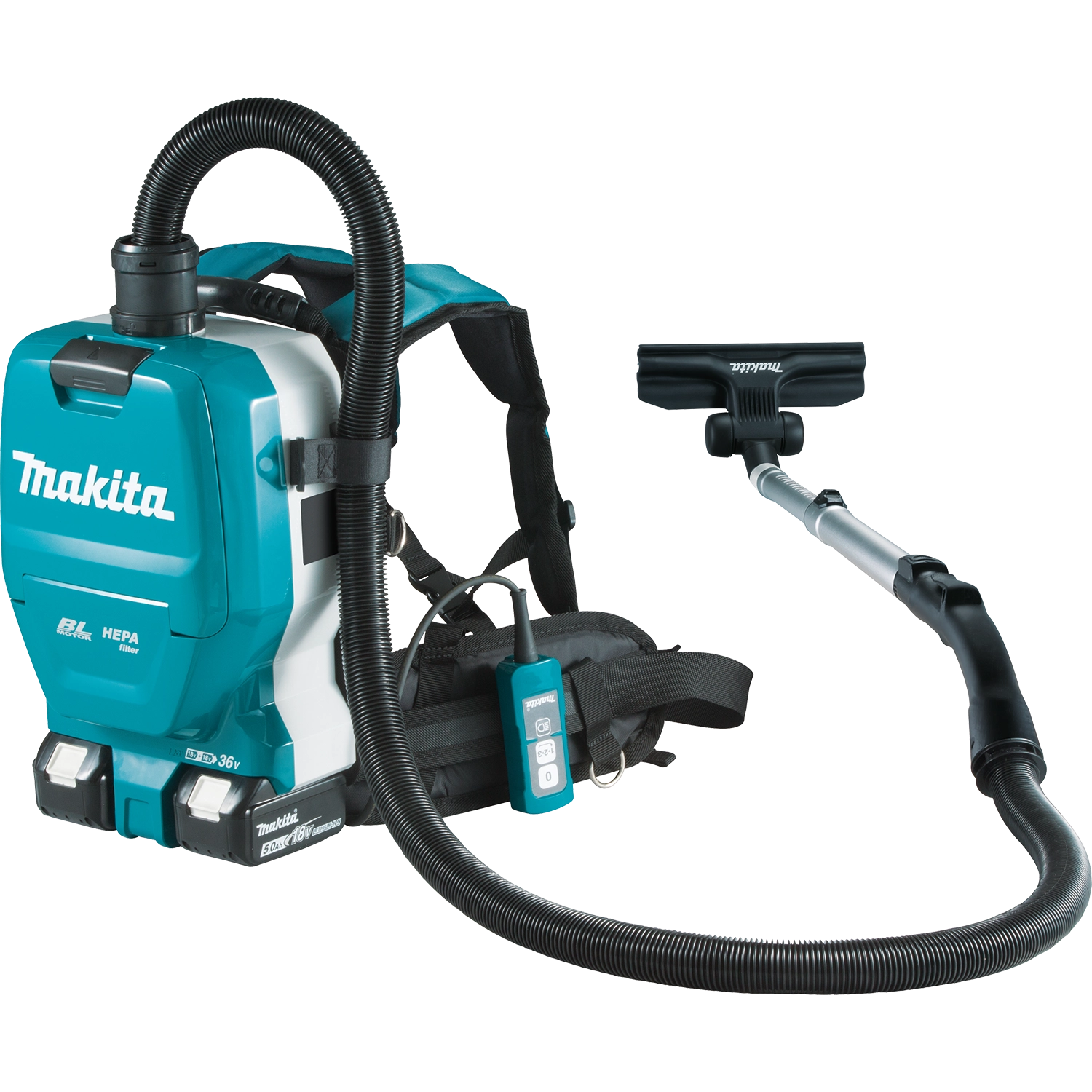 Angled side view of Makita XCV09PT vacuum showing filter housing and hose port
