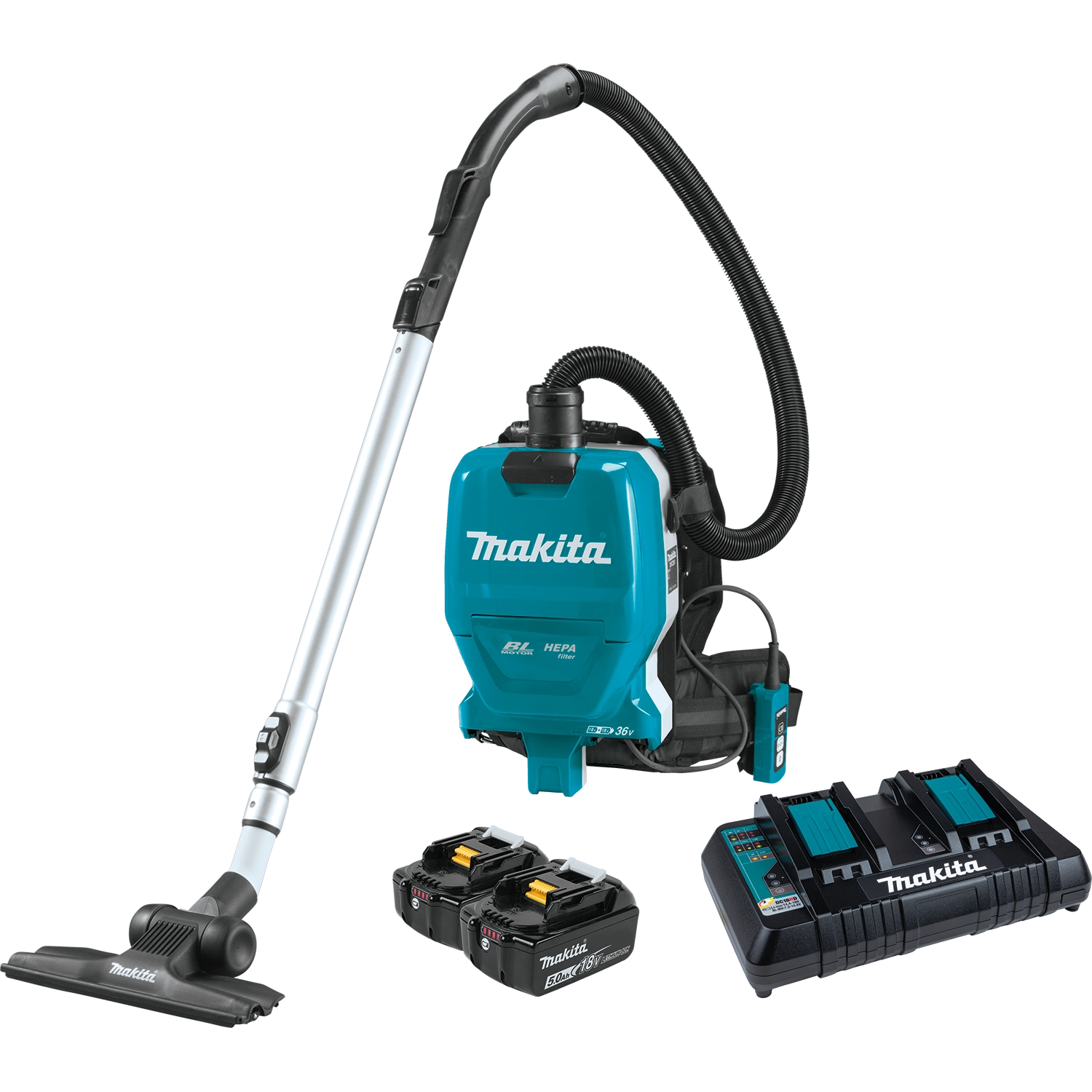 Front-facing view of Makita HEPA Backpack Vacuum with hose and straps visible
