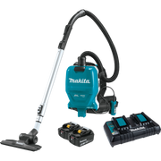 Front-facing view of Makita HEPA Backpack Vacuum with hose and straps visible
