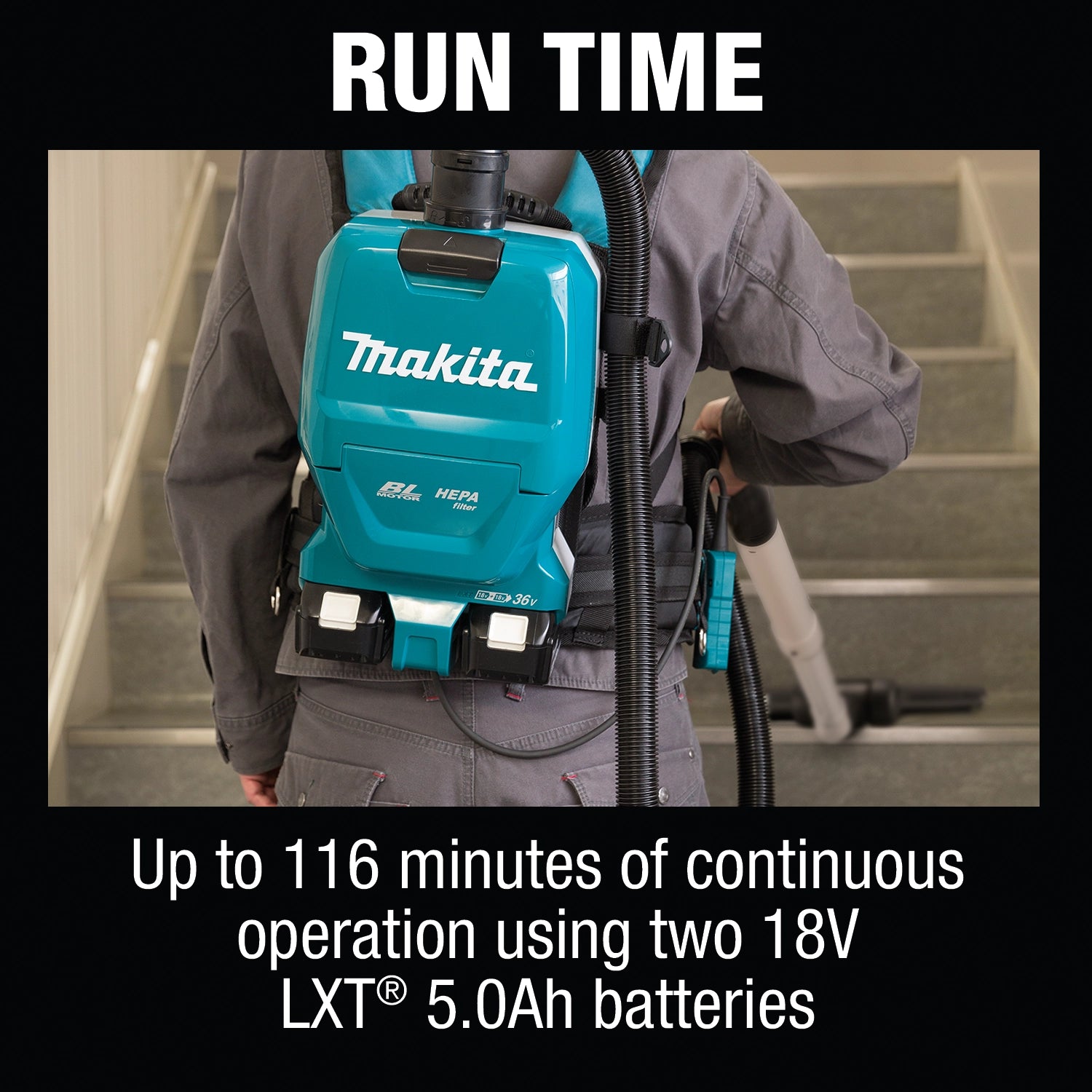 Battery indicator and specs highlighting Makita XCV09PT runtime performance
