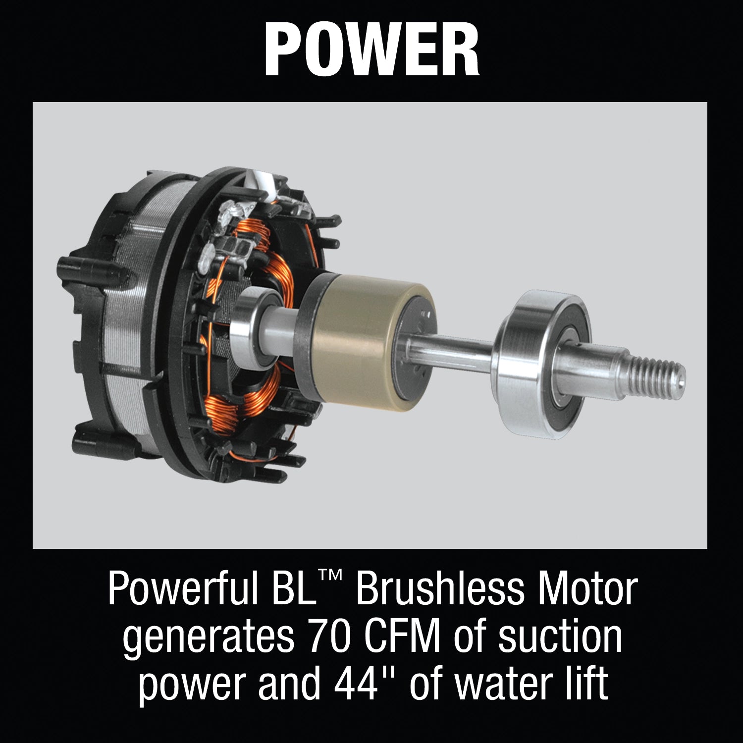 Visual callout of suction power and airflow specs of Makita backpack vacuum
