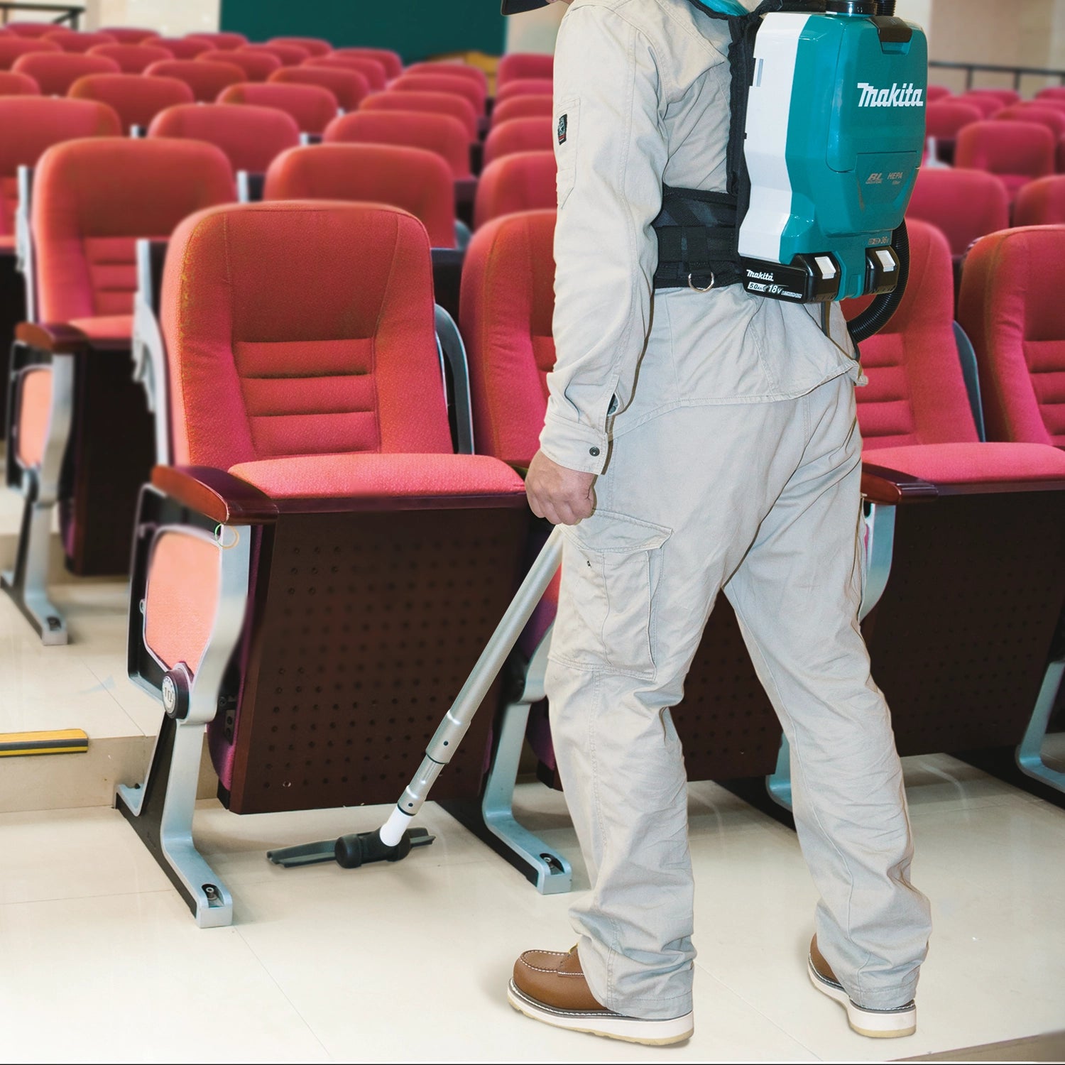 Makita vacuum used in auditorium for discreet HEPA-level cleaning
