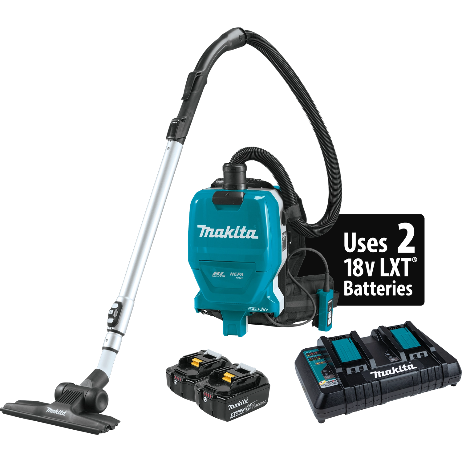 Makita backpack vacuum shown with dual 18V batteries inserted and ready
