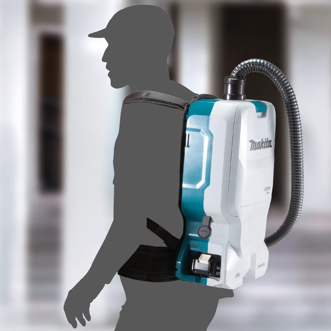 diagram printed on rear of makita vacuum showing airflow system and filter placement
