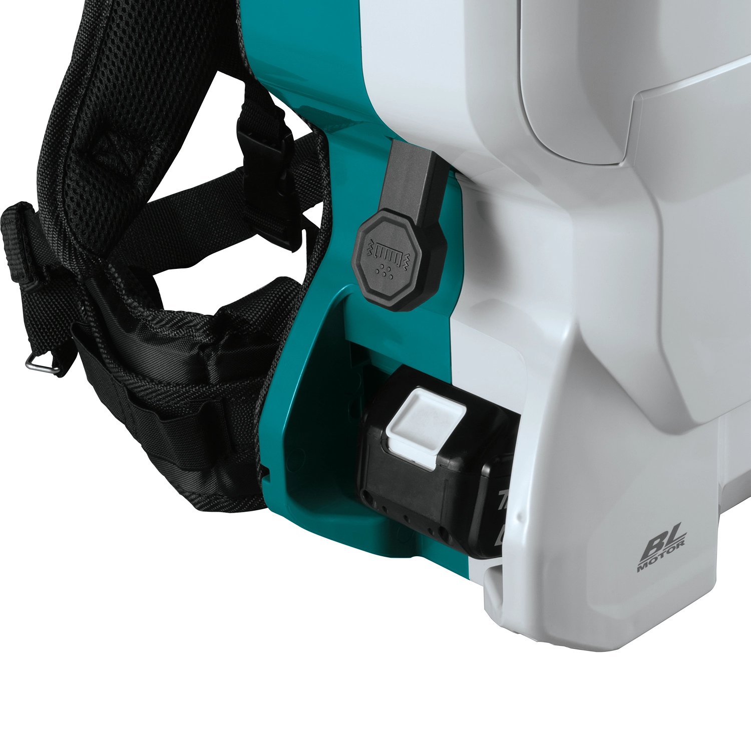 close-up of makita xcv17pg vacuum showing filter bag and internal dust port
