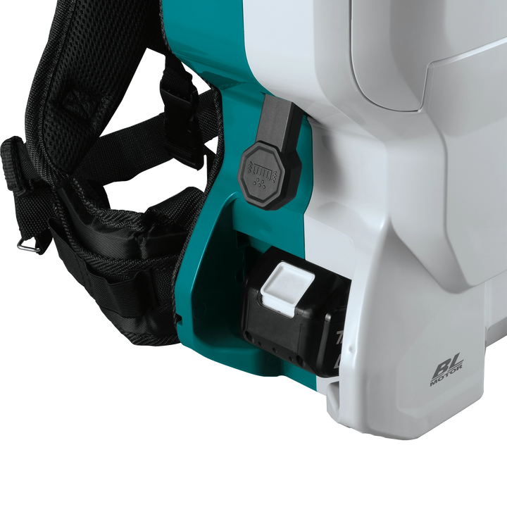 close-up of makita xcv17pg vacuum showing filter bag and internal dust port
