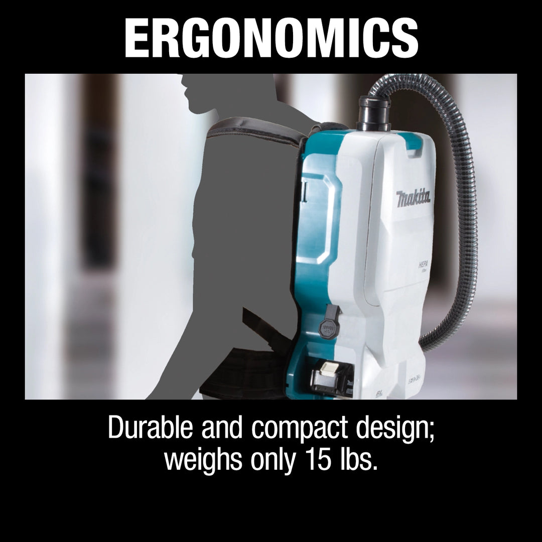 ergonomic design of makita backpack vacuum with padded shoulder straps and lumbar support
