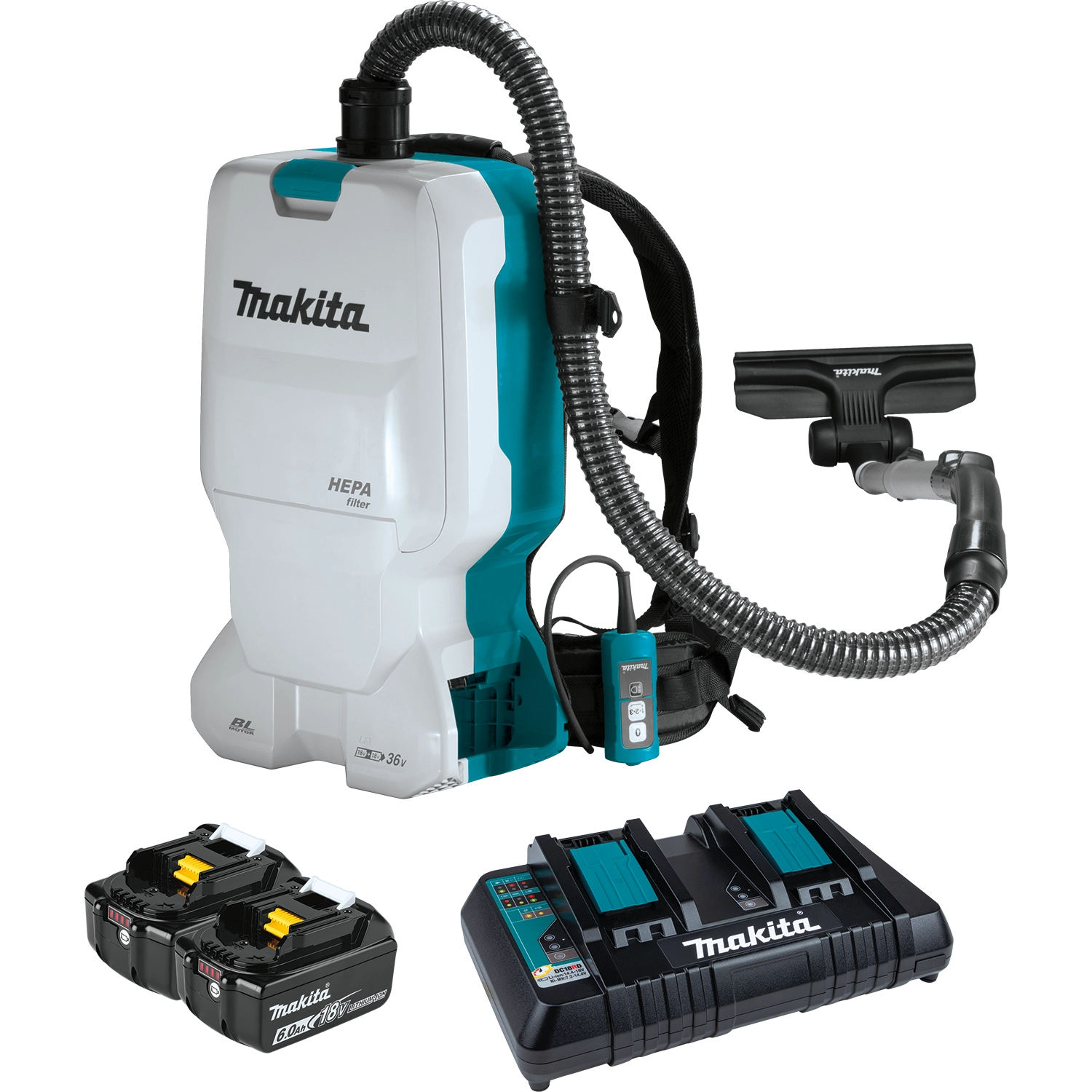 all items included in makita xcv17pg vacuum kit including vacuum, hose, harness, filter, and accessories
