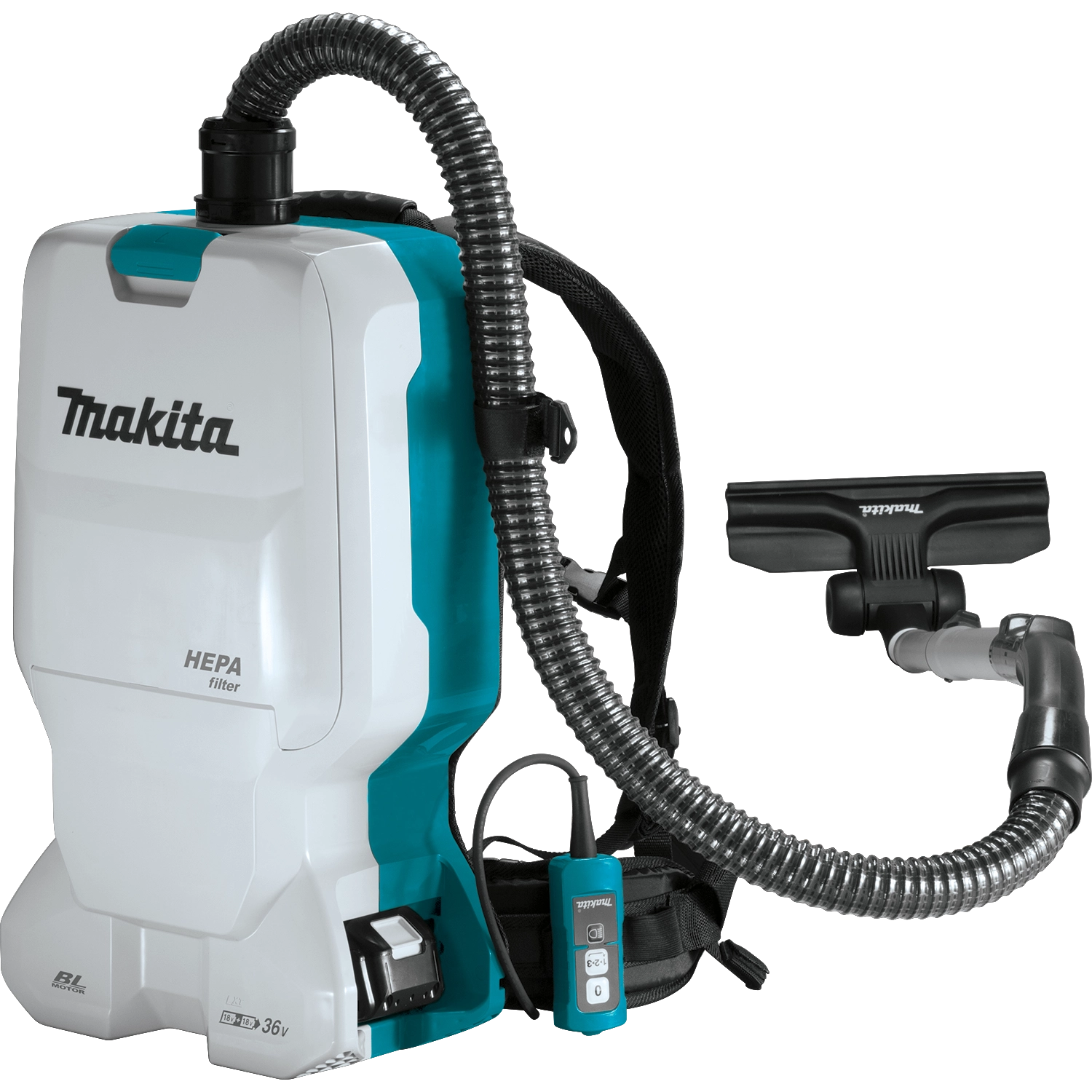 front angled view of makita backpack vacuum showing shoulder harness and control box
