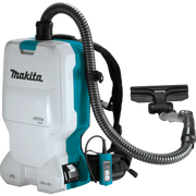 front angled view of makita backpack vacuum showing shoulder harness and control box
