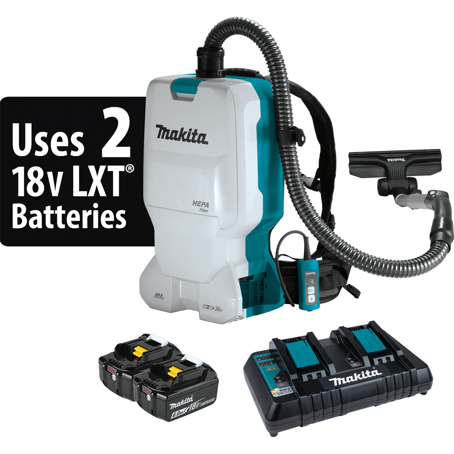 everything included in makita backpack vacuum kit shown with two 18v lxt 6.0ah batteries
