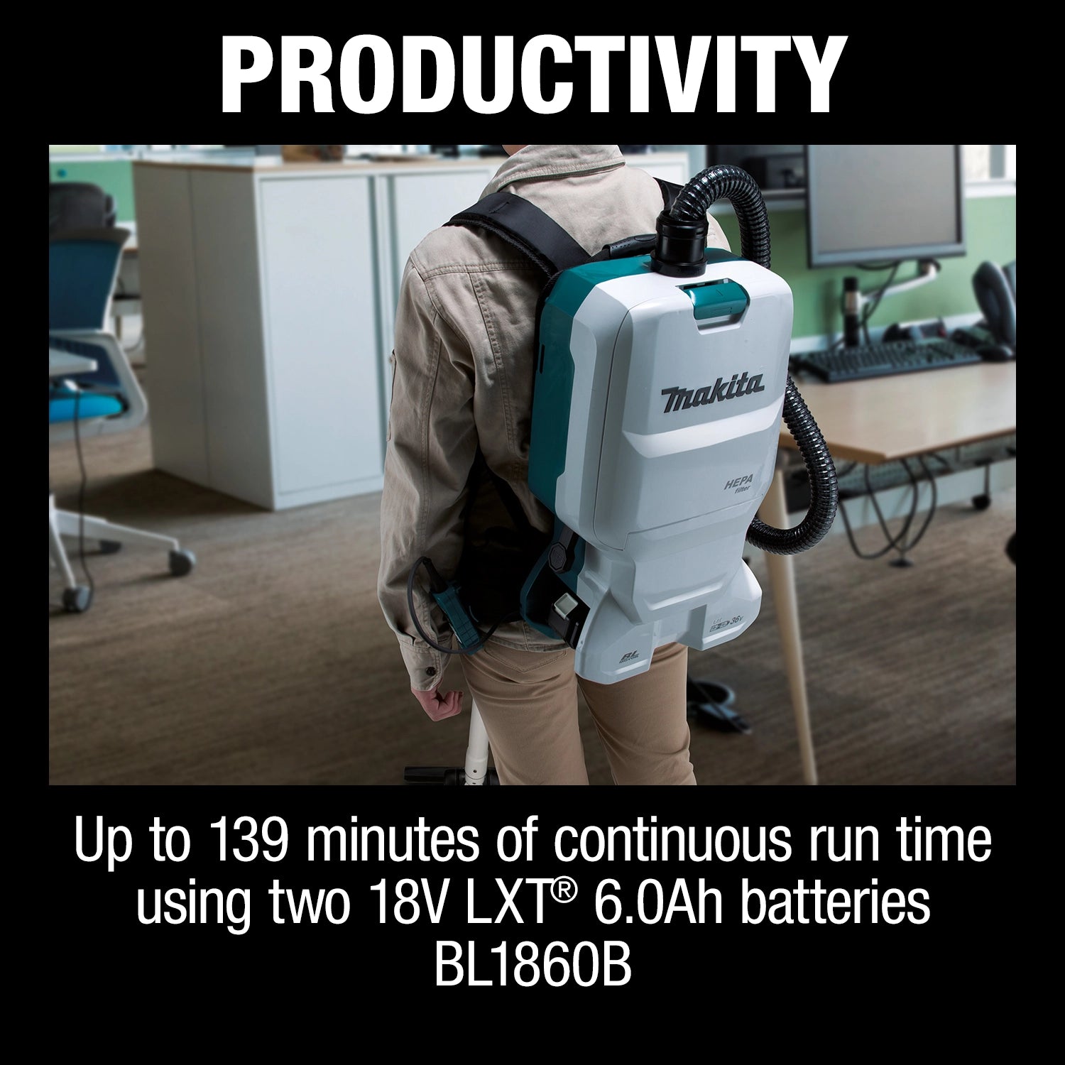 maximize jobsite productivity with makita xcv17pg vacuum and long runtime per charge
