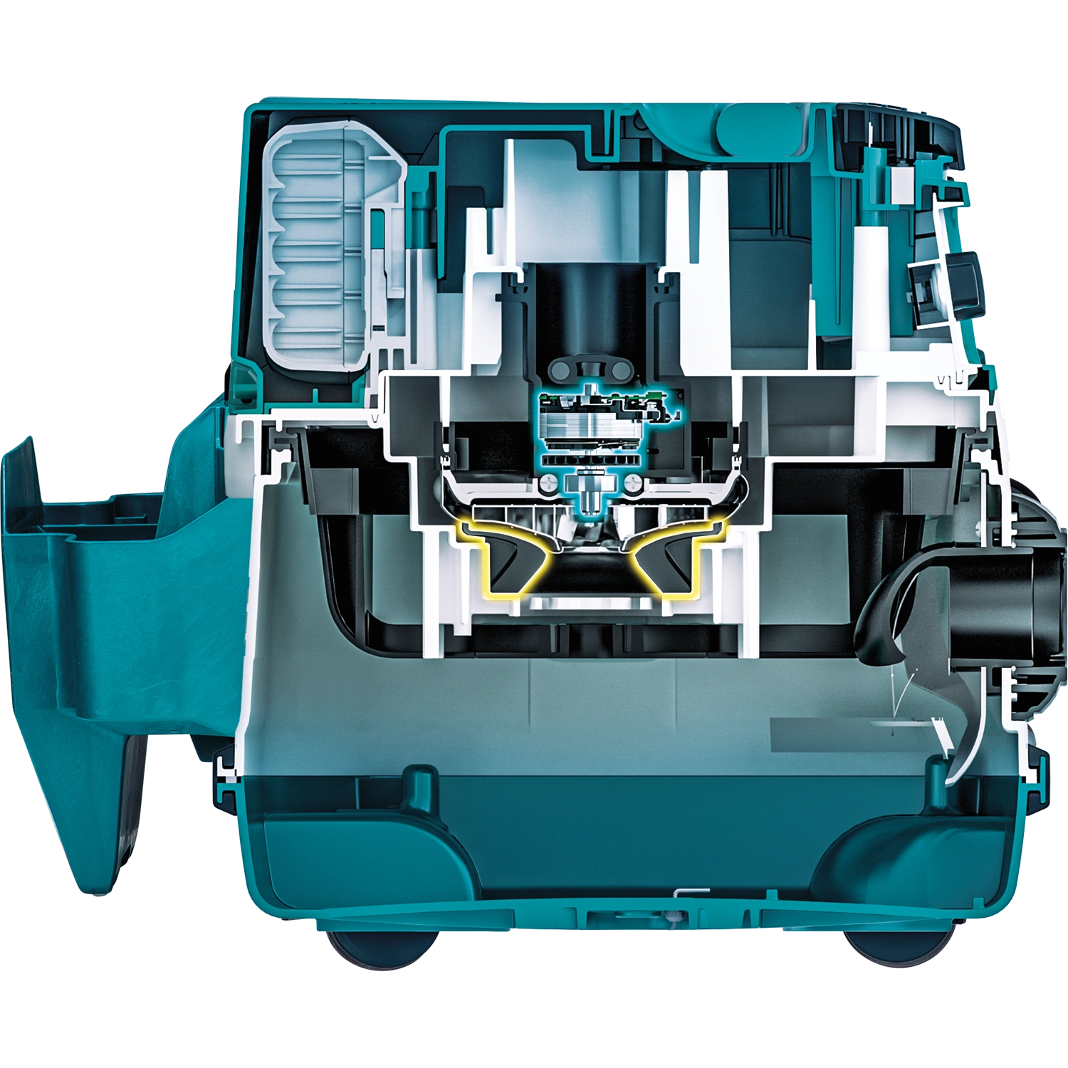 internal view of makita xcv22ptu vacuum showing battery chamber and wiring layout
