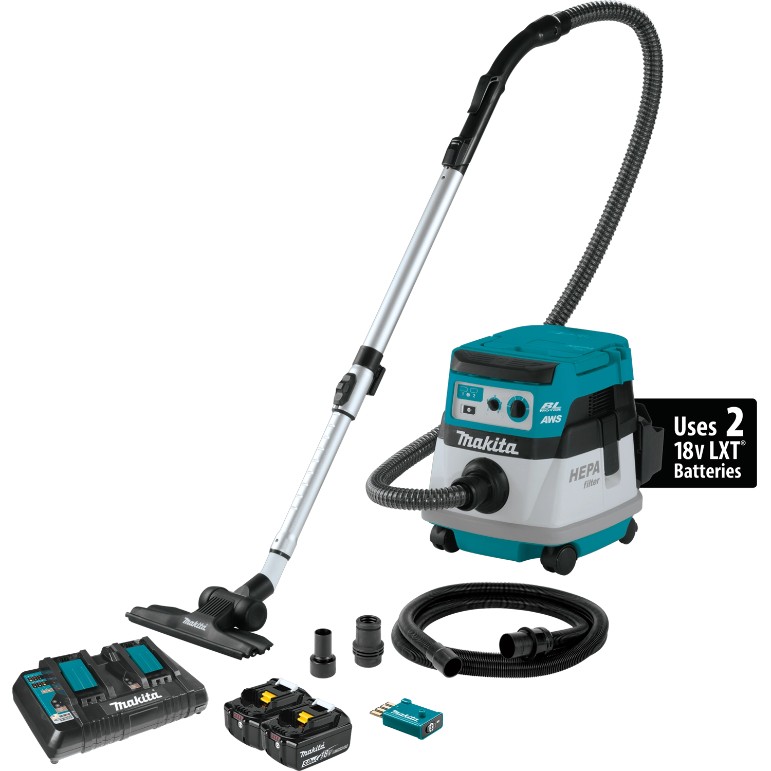 everything included in makita xcv22ptu vacuum kit including vacuum, batteries, charger, hose, and attachments
