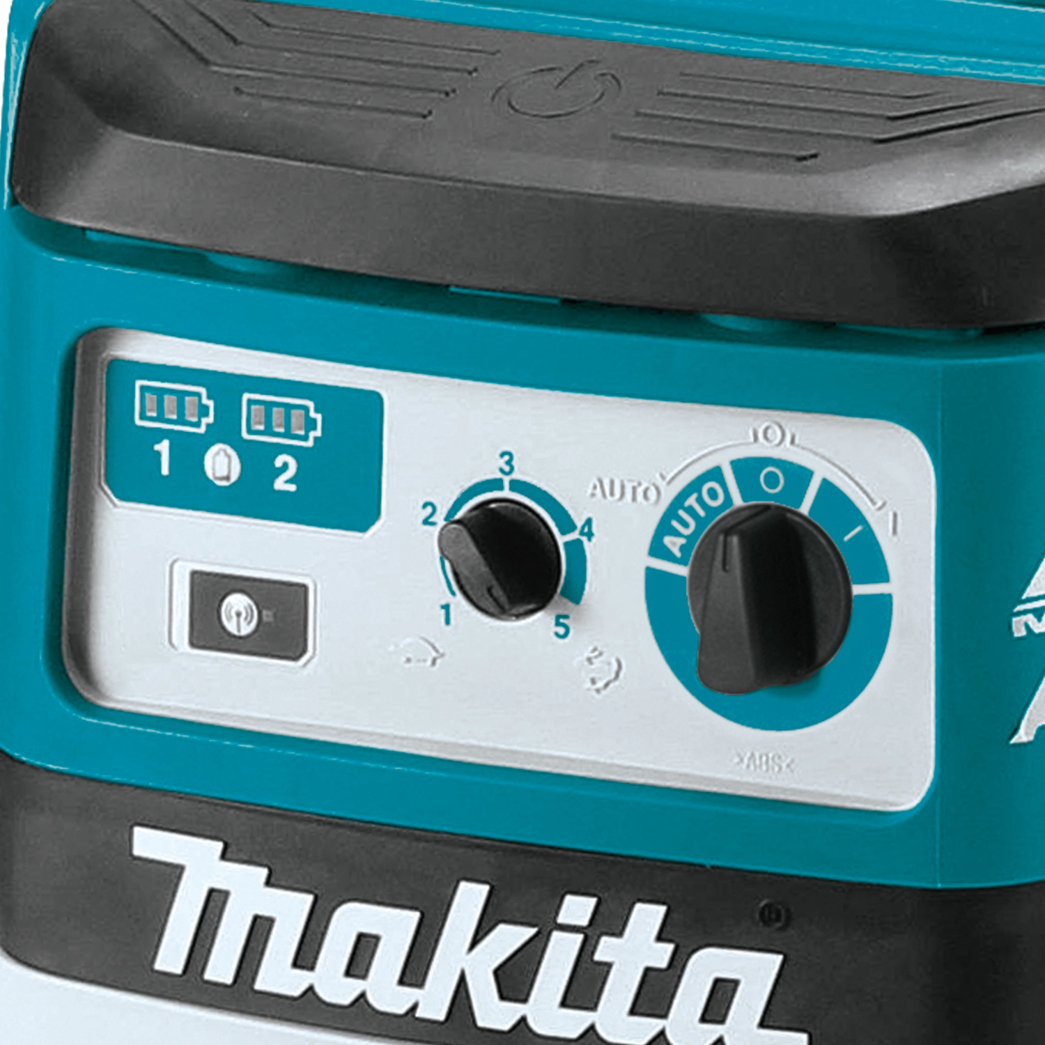 control panel of makita hepa vacuum with variable speed dial and mode selector
