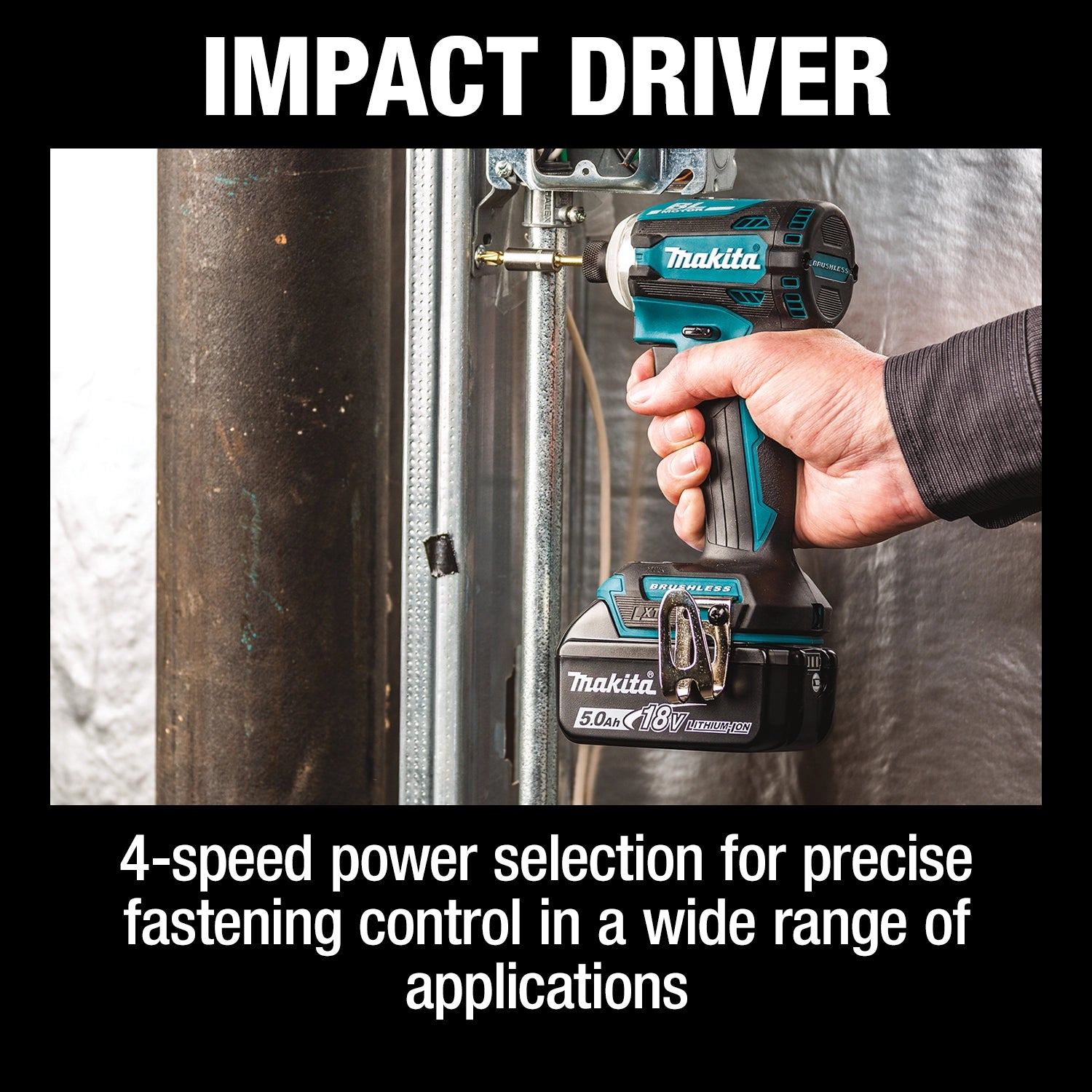 Makita XDT16 impact driver highlighted with speed selector and compact build
