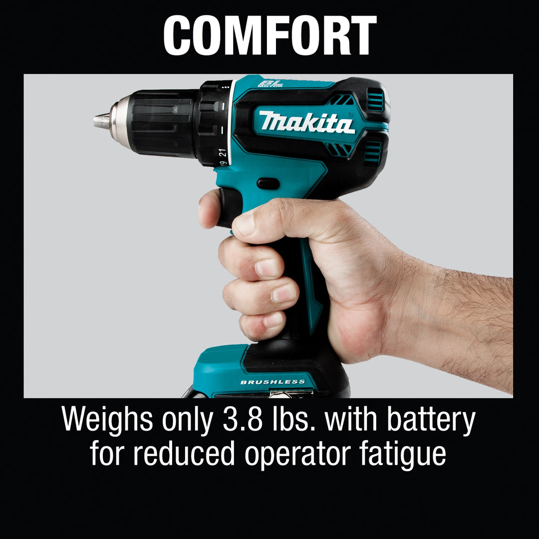 Ergonomic grip and lightweight design of Makita drill for user comfort
