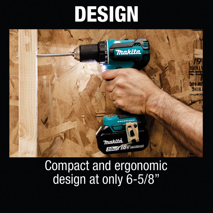 Compact design of Makita driver-drill with ergonomic grip
