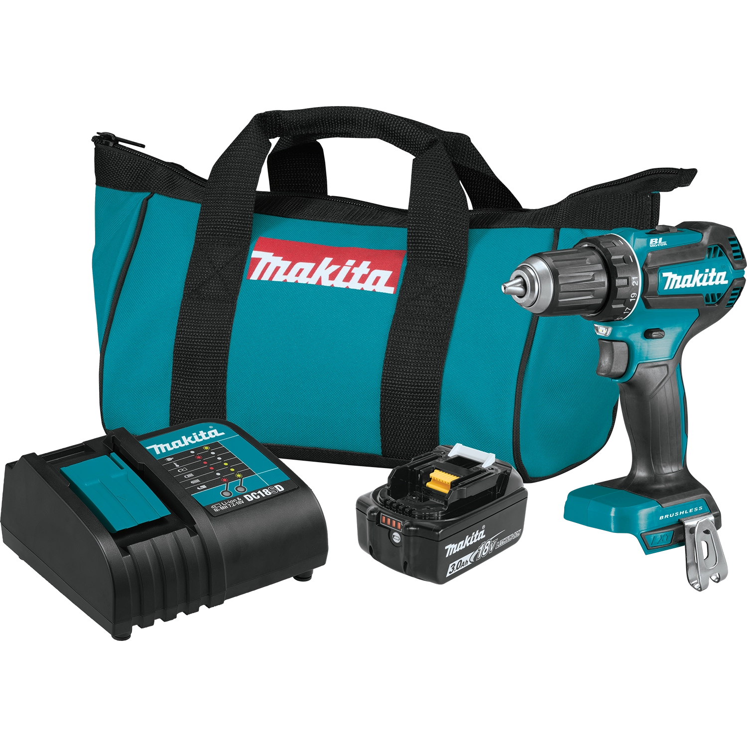 Makita 18V brushless driver-drill showing key features and design
