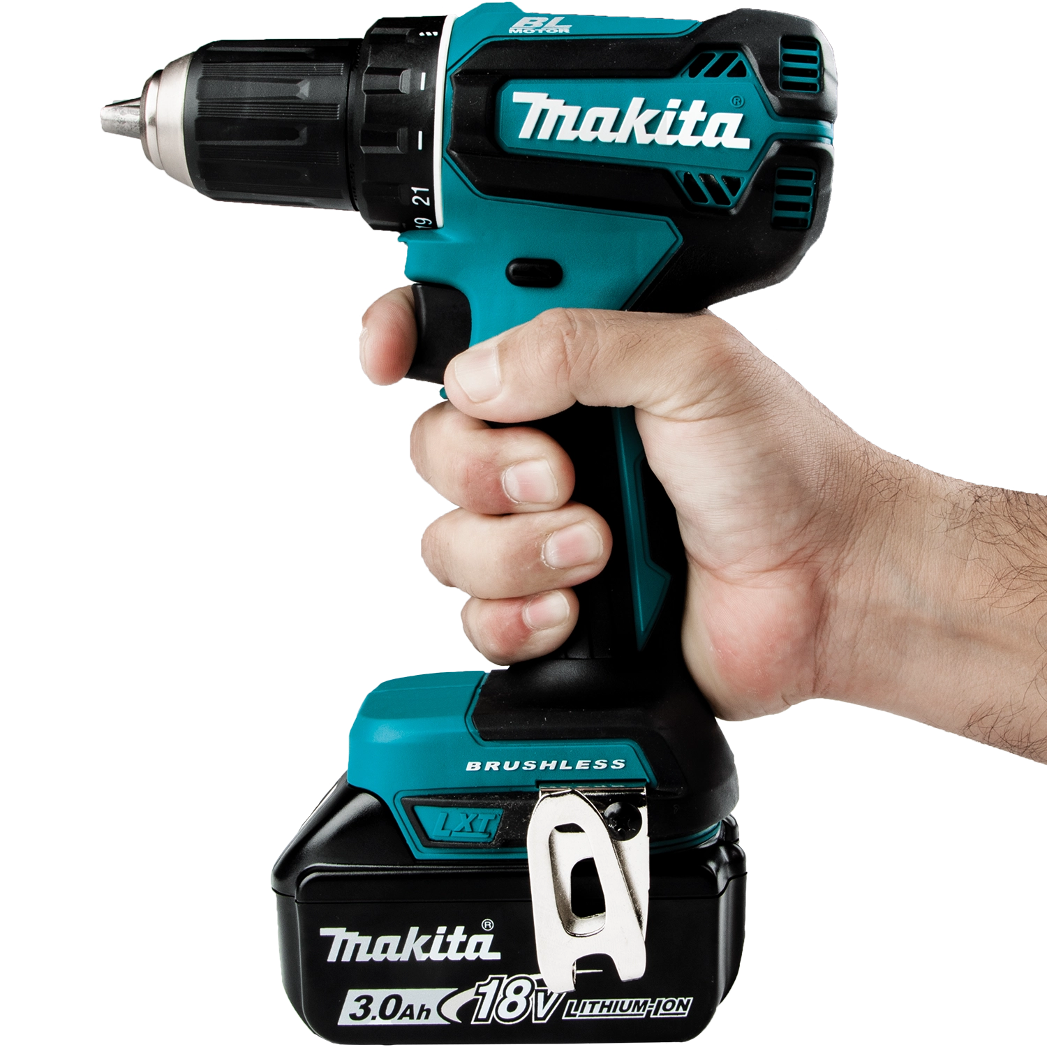 Makita driver-drill held sideways during application

