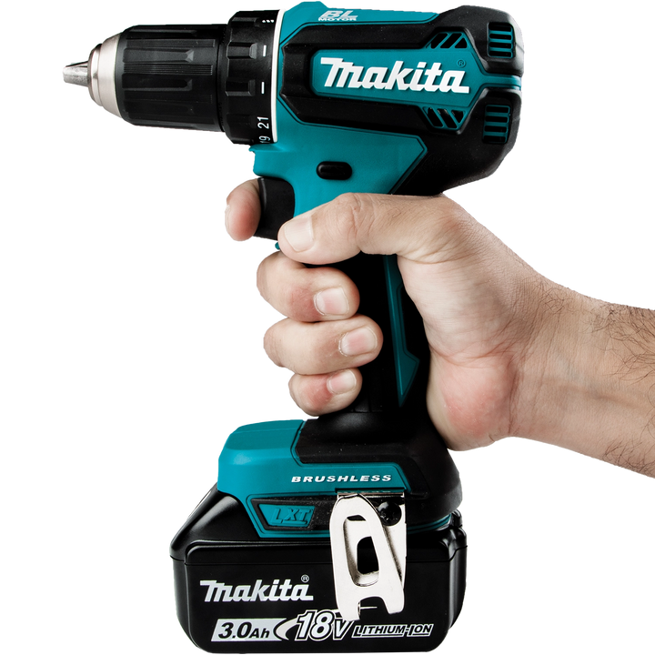 Makita driver-drill held sideways during application
