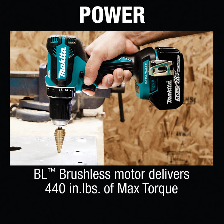 Makita 18V brushless drill showing high-torque performance
