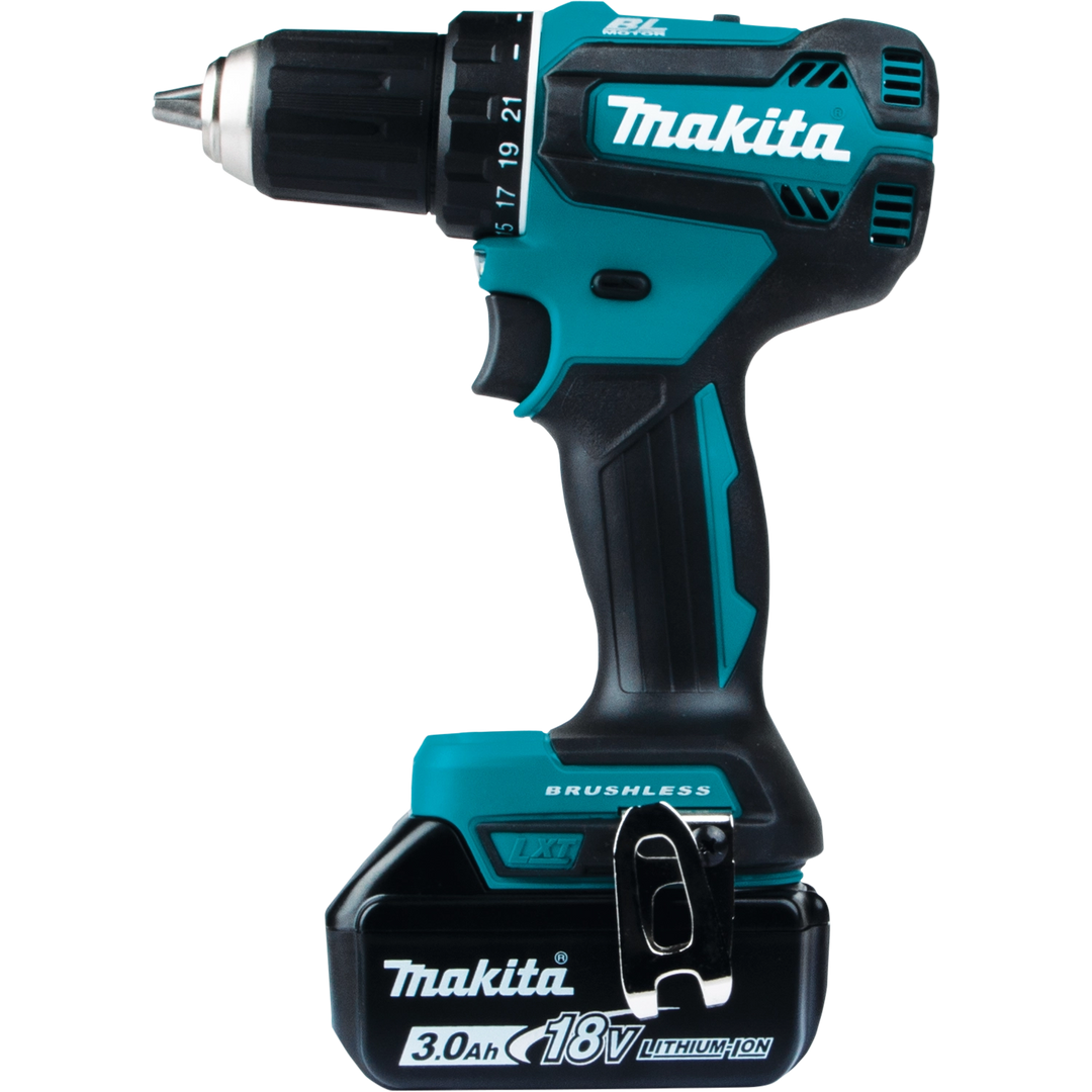 Side profile of Makita 18V LXT driver-drill with battery attached
