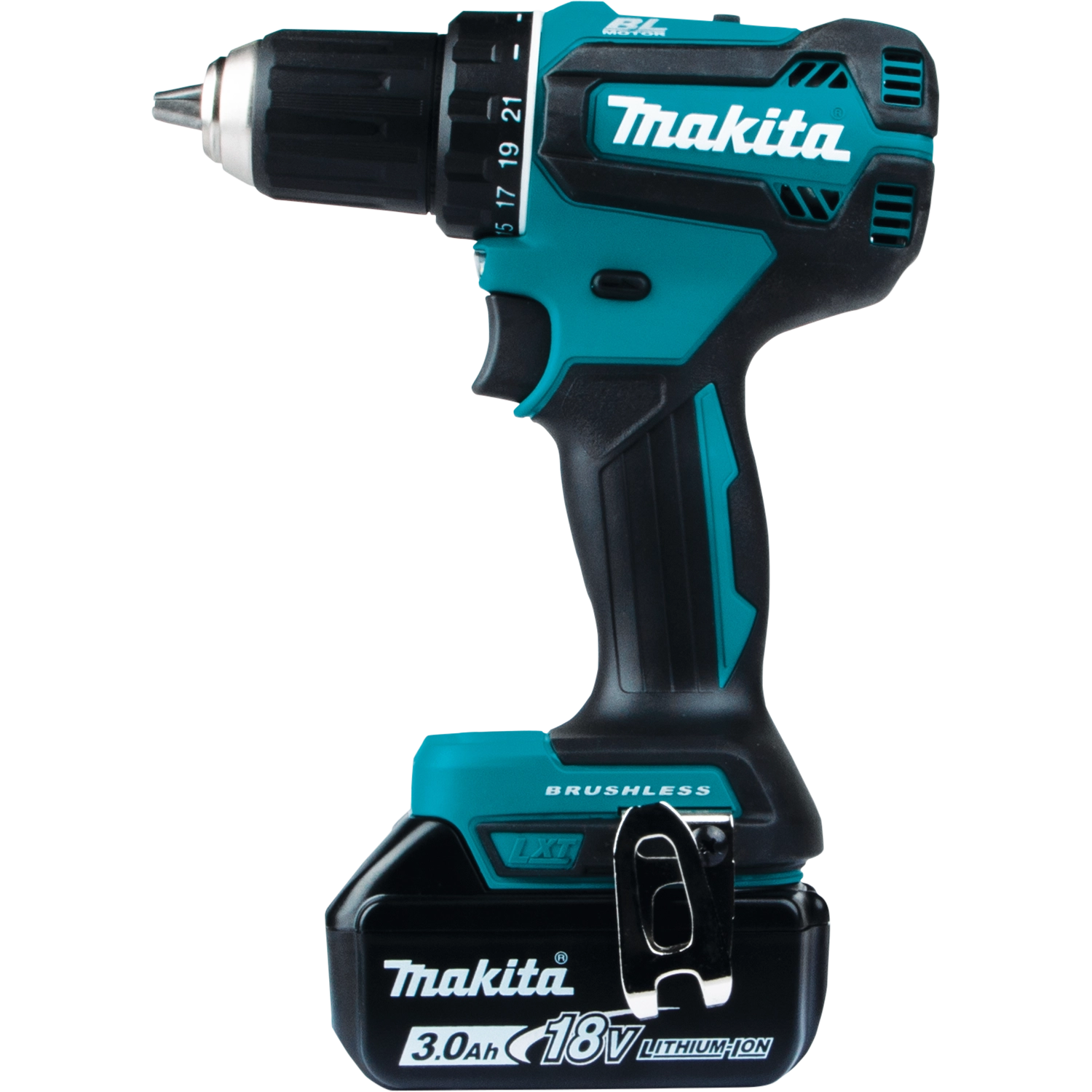 Side profile of Makita 18V LXT driver-drill with battery attached
