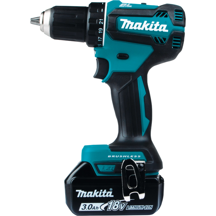 Side profile of Makita 18V LXT driver-drill with battery attached
