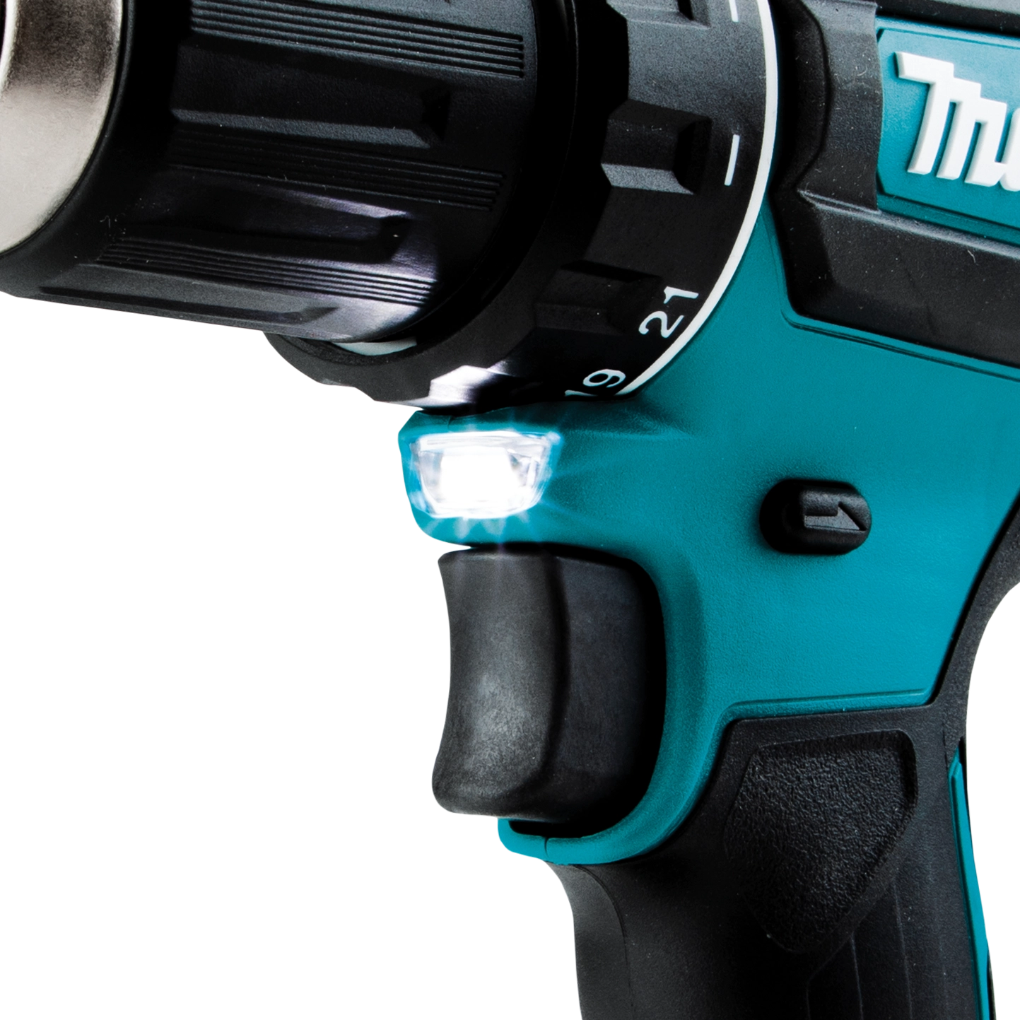 Close-up of Makita drill trigger and built-in LED light
